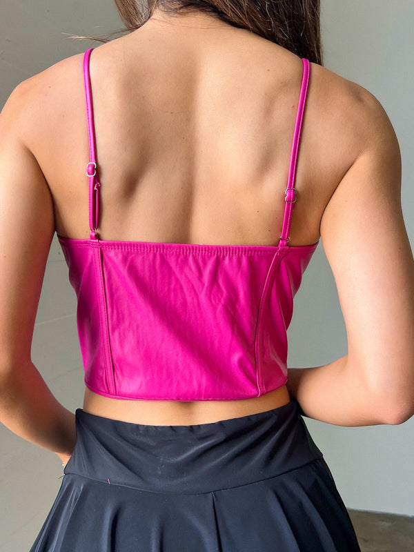 Eva Spaghetti Strap Faux Leather Corset Top-Hot Pink - ShopperBoard