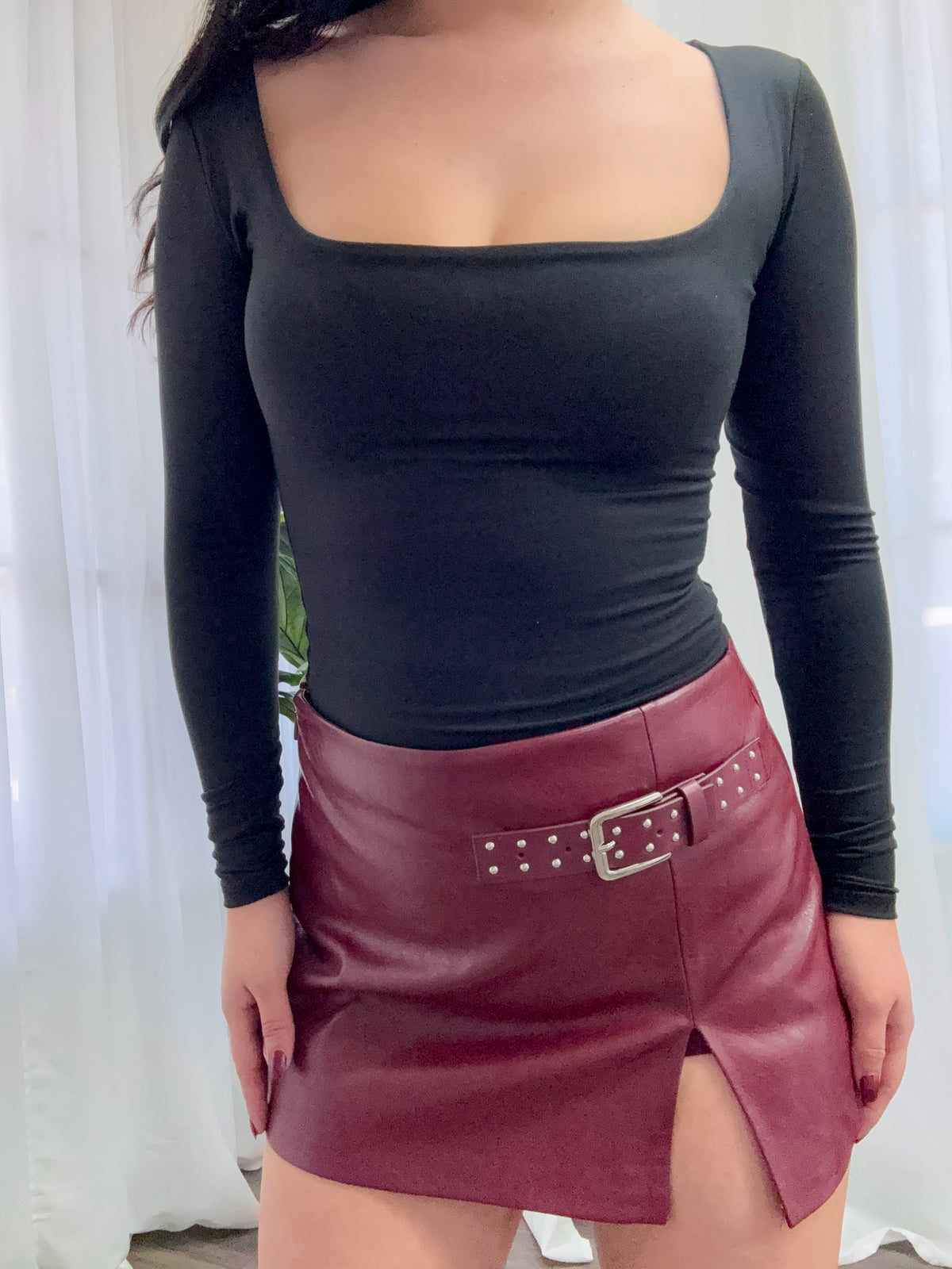 Natalia Slit Leather Skirt (Wine)