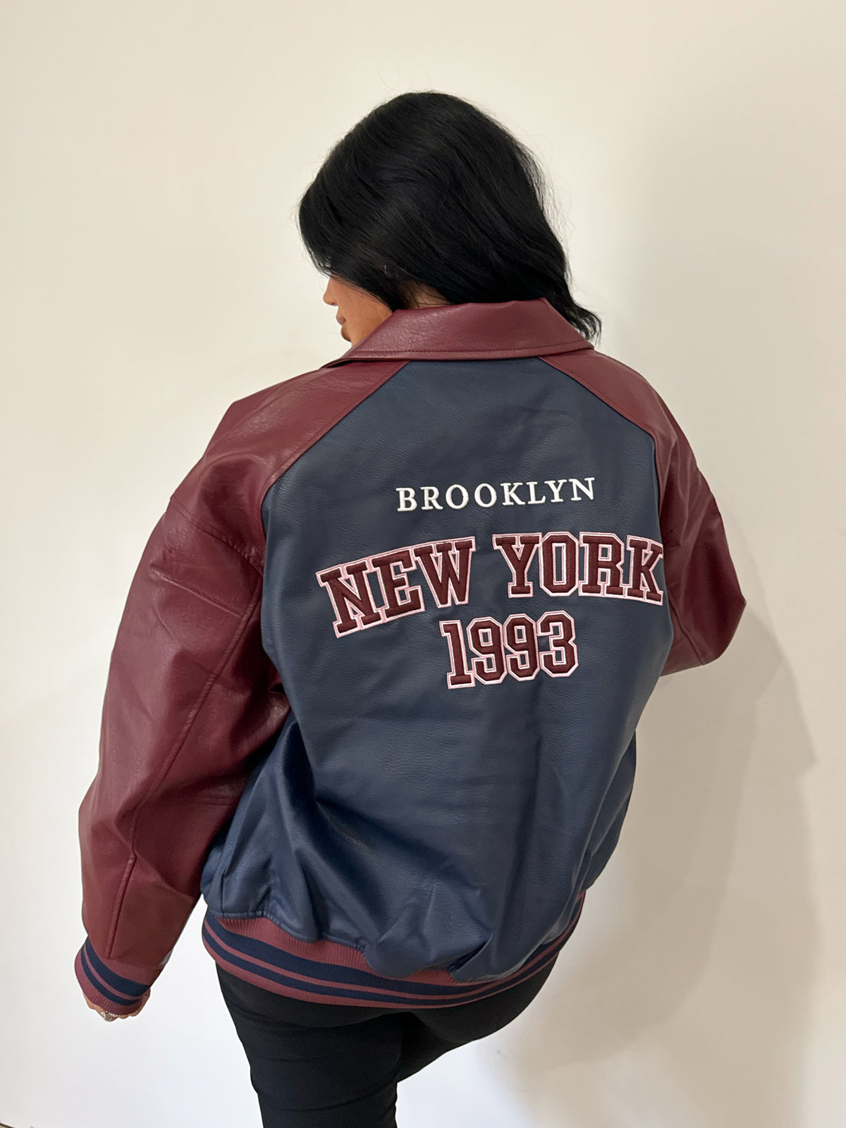 Wendy Varsity Leather Jacket (Navy/Burgundy)