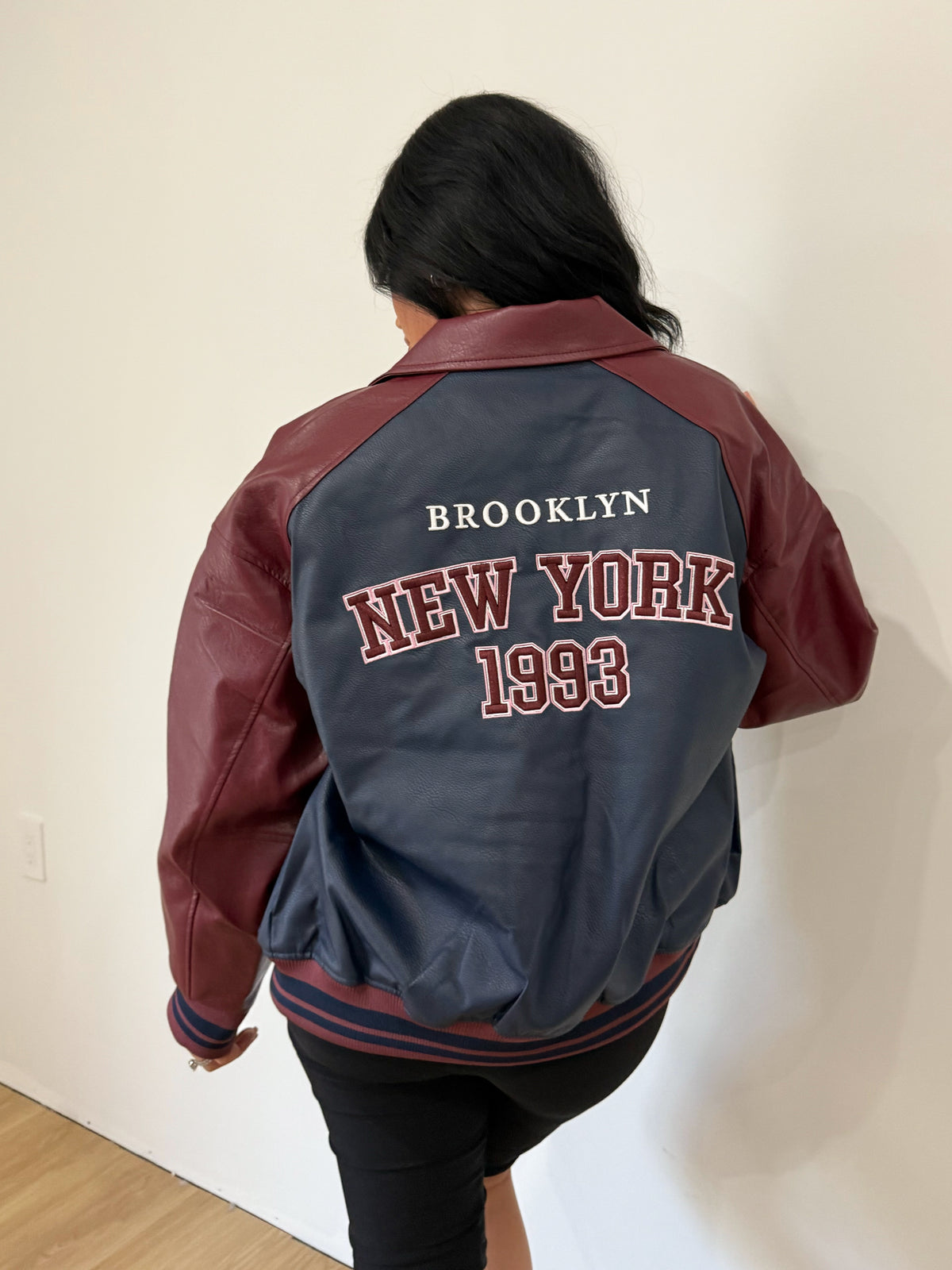Wendy Varsity Leather Jacket (Navy/Burgundy)
