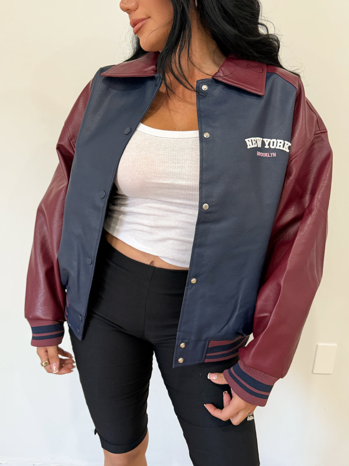 Wendy Varsity Leather Jacket (Navy/Burgundy)