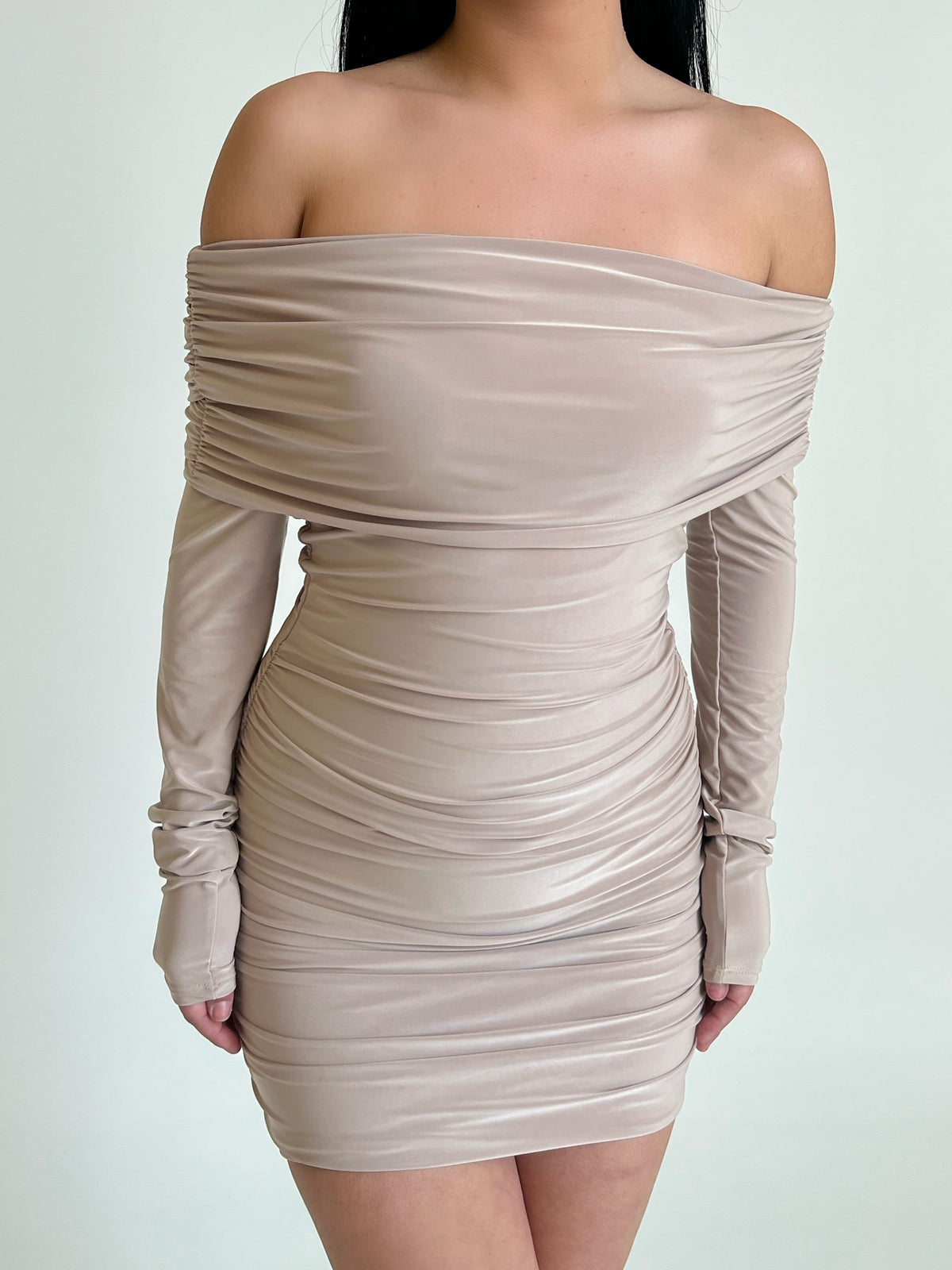 Andrea Off the Shoulder Dress (Taupe) Andrea Off the Shoulder Dress (Taupe)