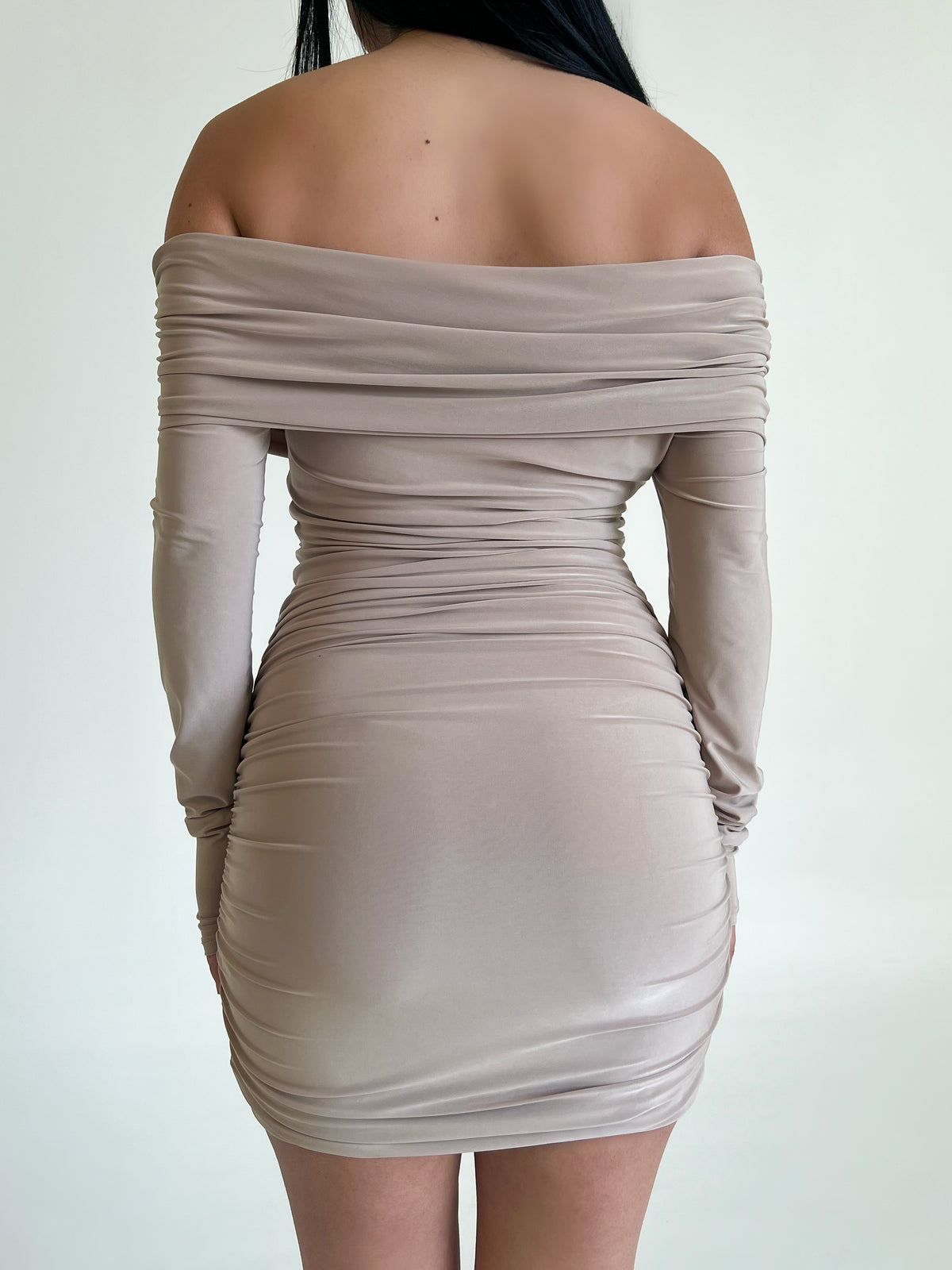 Andrea Off the Shoulder Dress (Taupe)