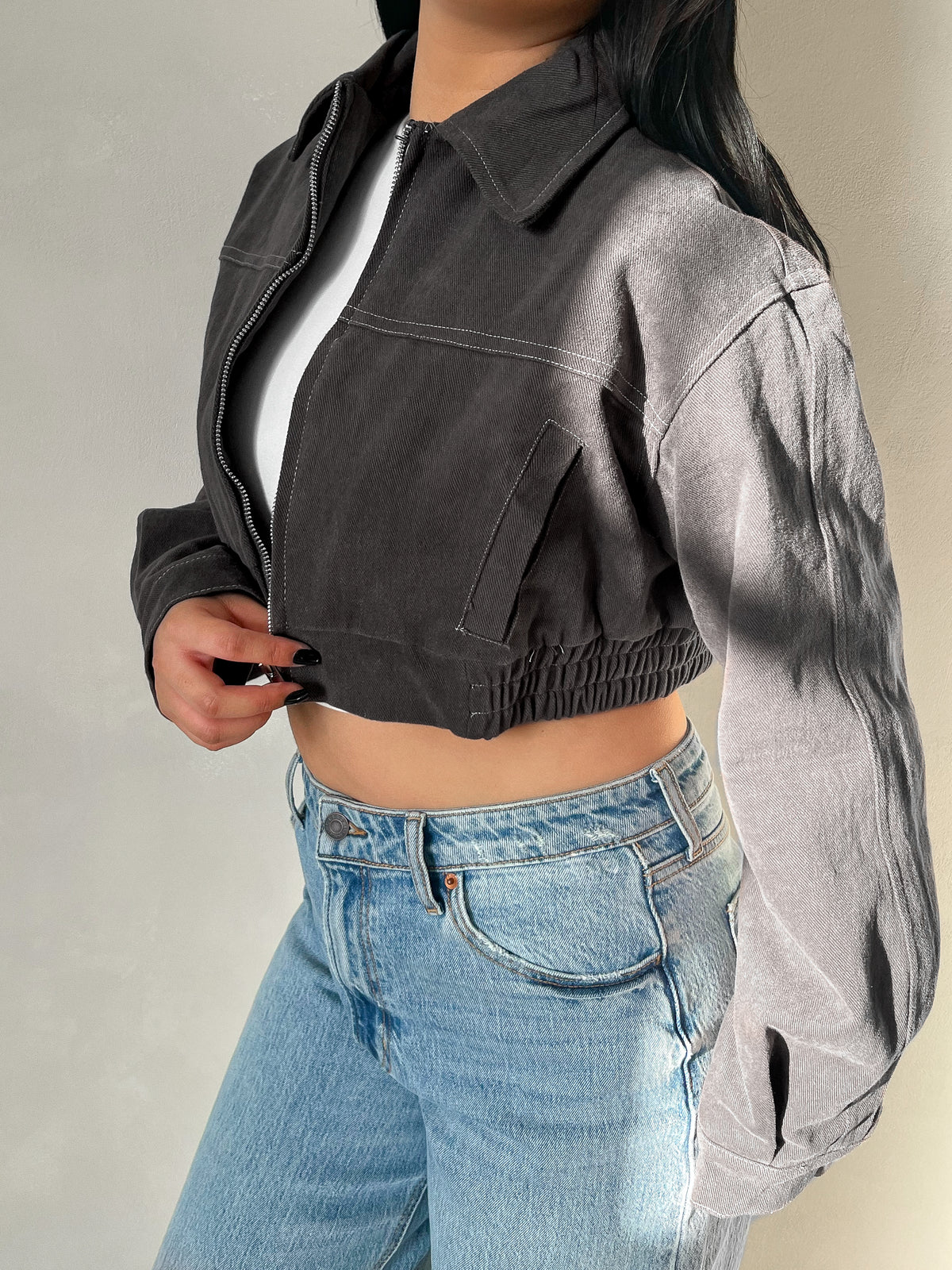 Susan Cropped Denim Jacket (Grey)