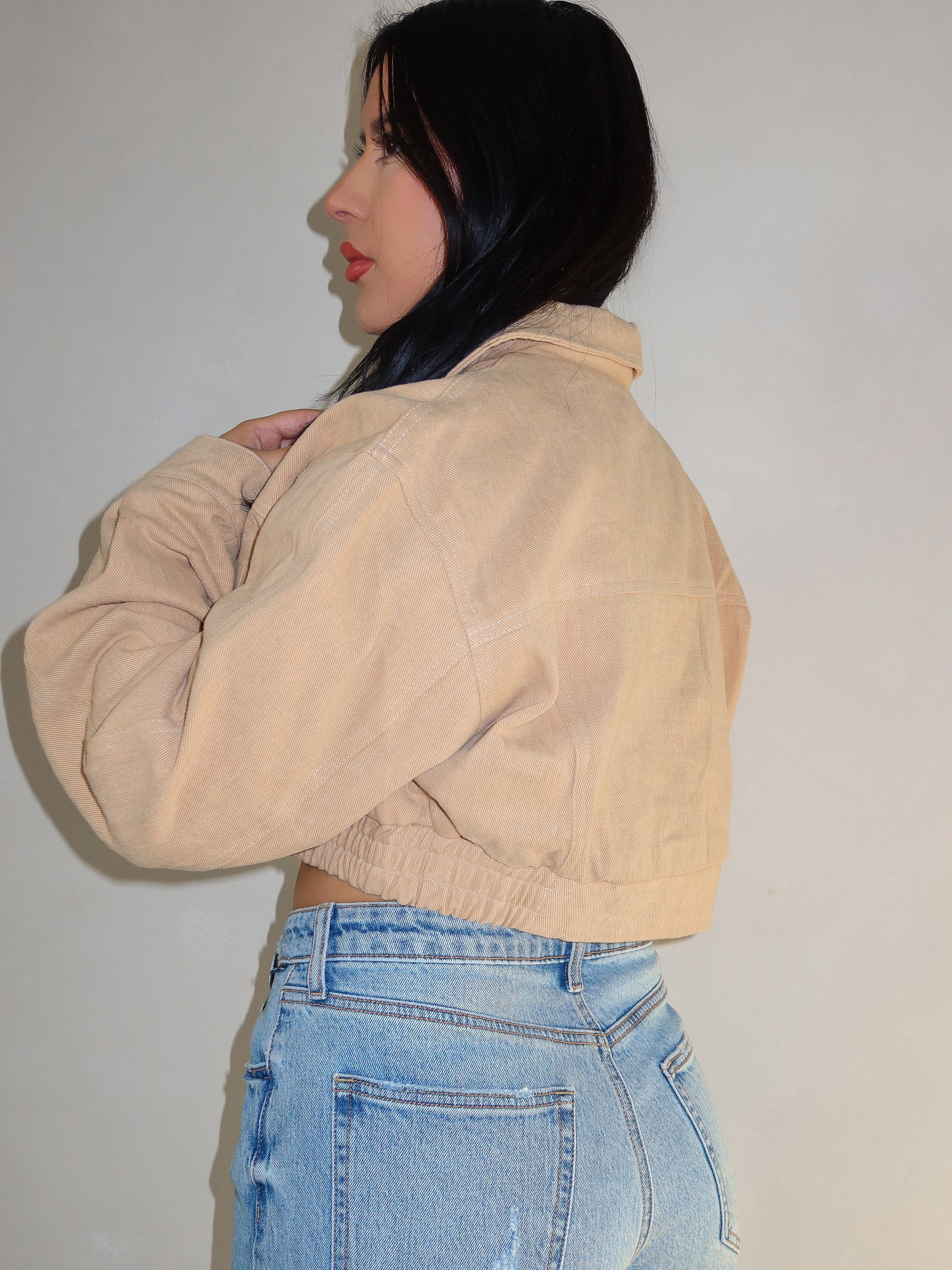 Cropped denim jacket khaki hotsell