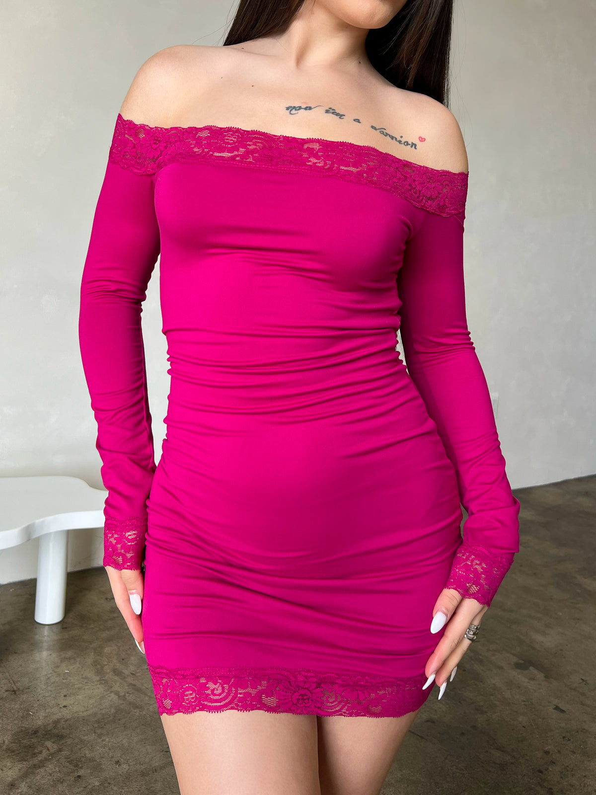 Nicky Lace Trim Dress (Magenta) Small