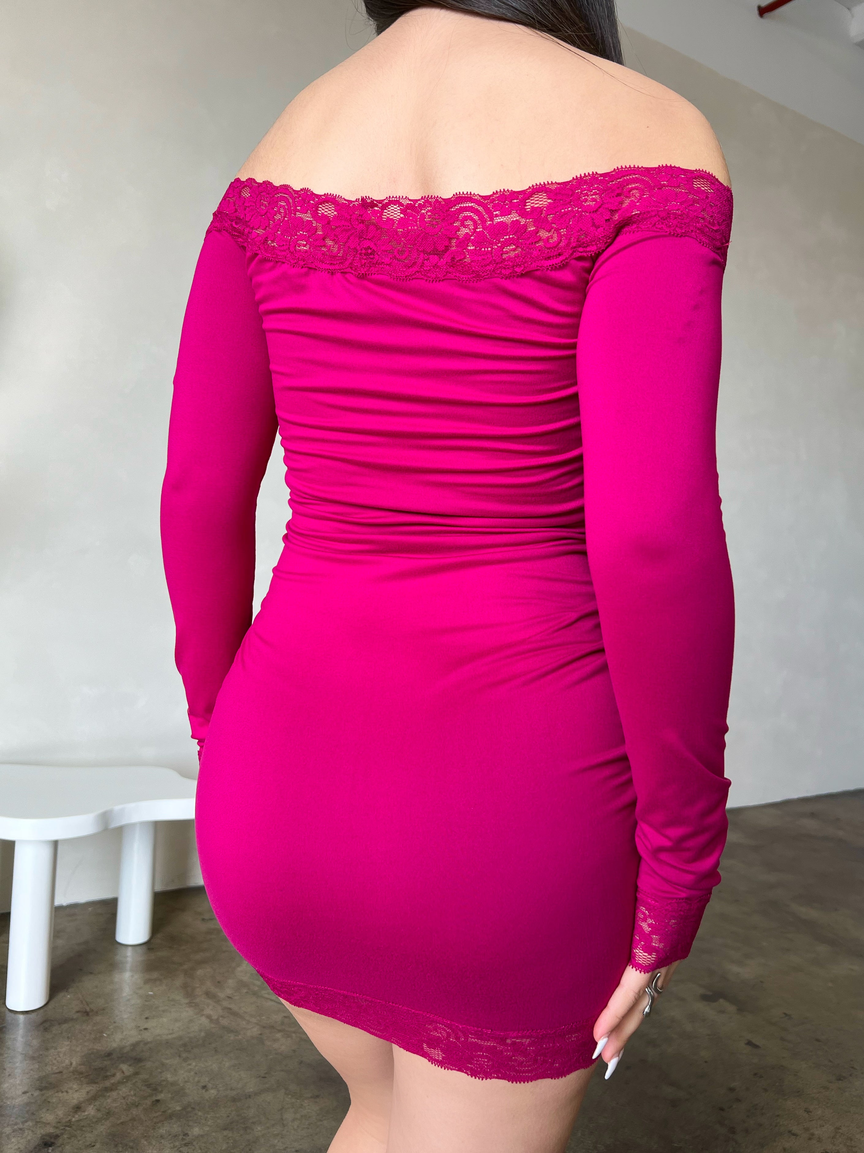 Nicky Lace Trim Dress (Magenta) Small