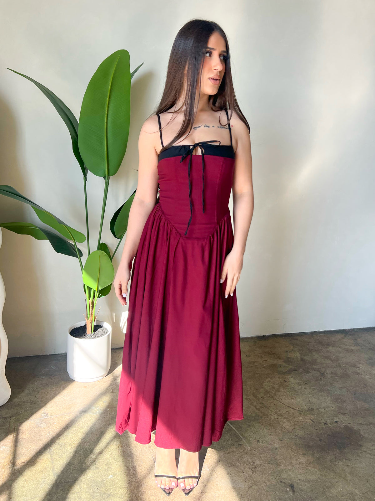 Lydia Corset Midi Dress (Burgundy)