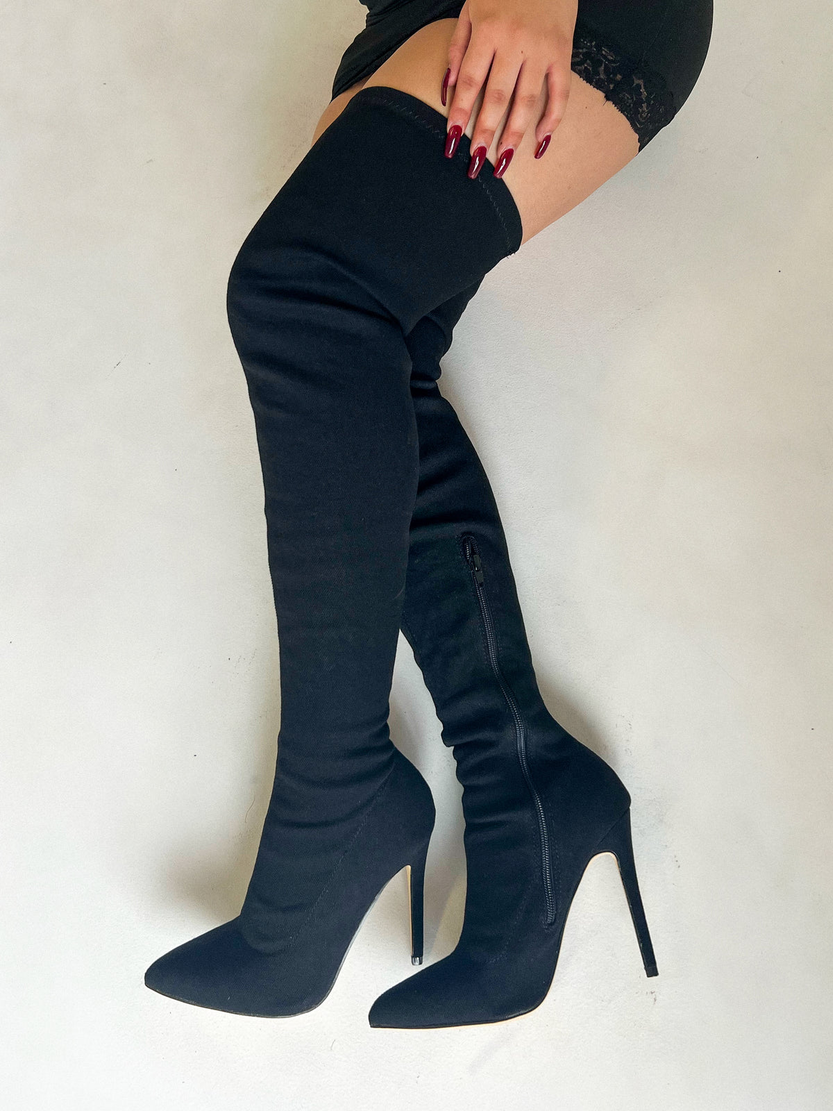 Khloe Denim Thigh High Boots (Black)