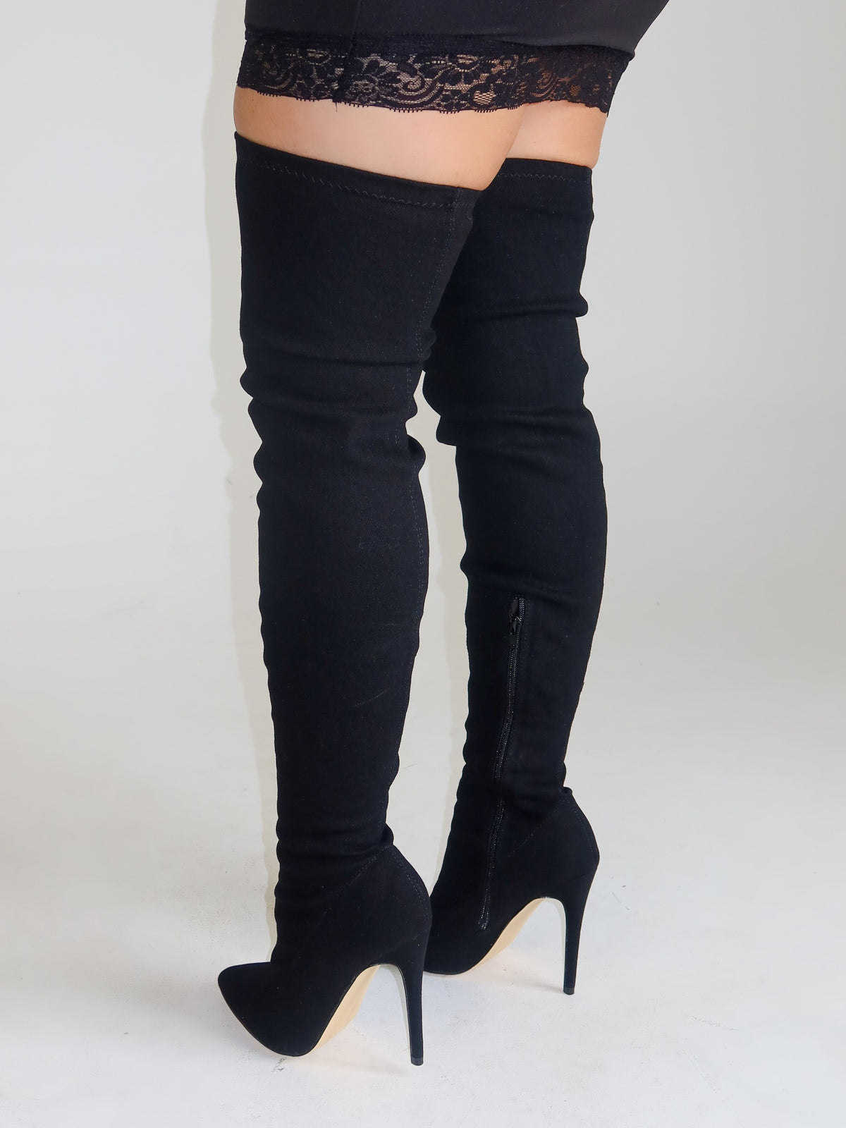 Khloe Denim Thigh High Boots (Black)