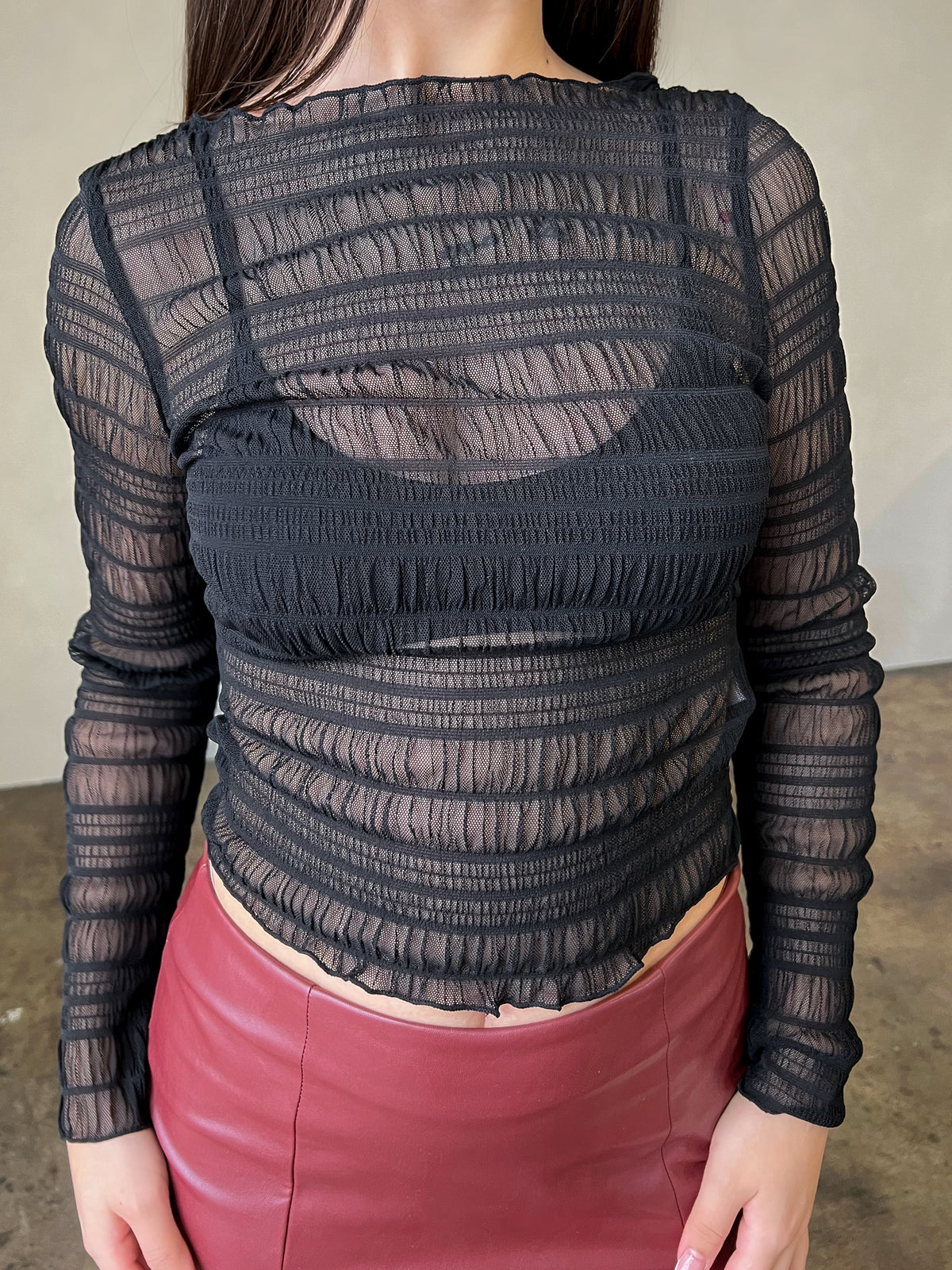 Black Ruched Front Long Sleeve Mesh Top 