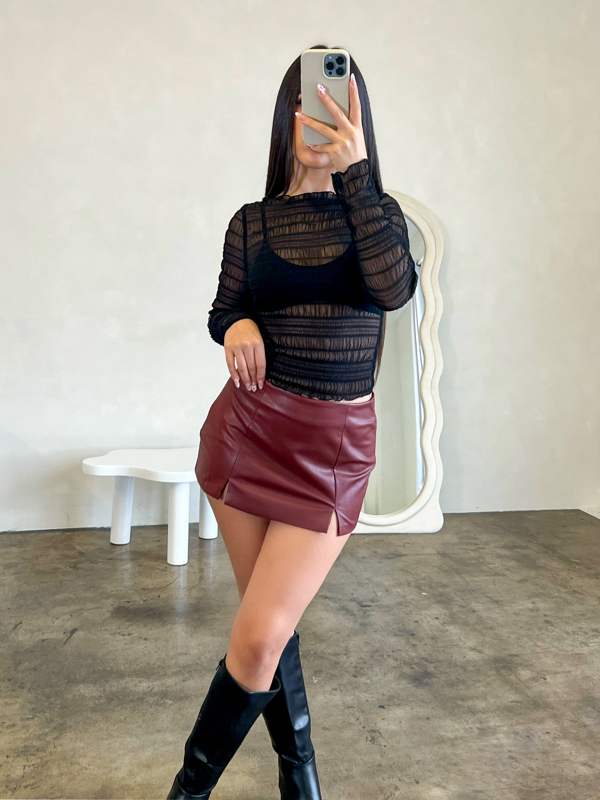 Melanie Leather Mini Skirt (Burgundy)