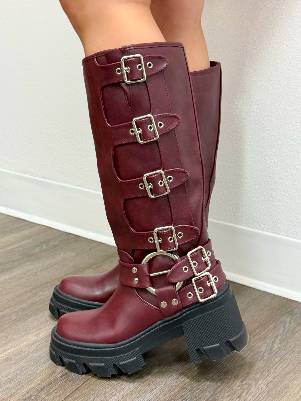 Monica Buckle Up Boots (Burgundy)