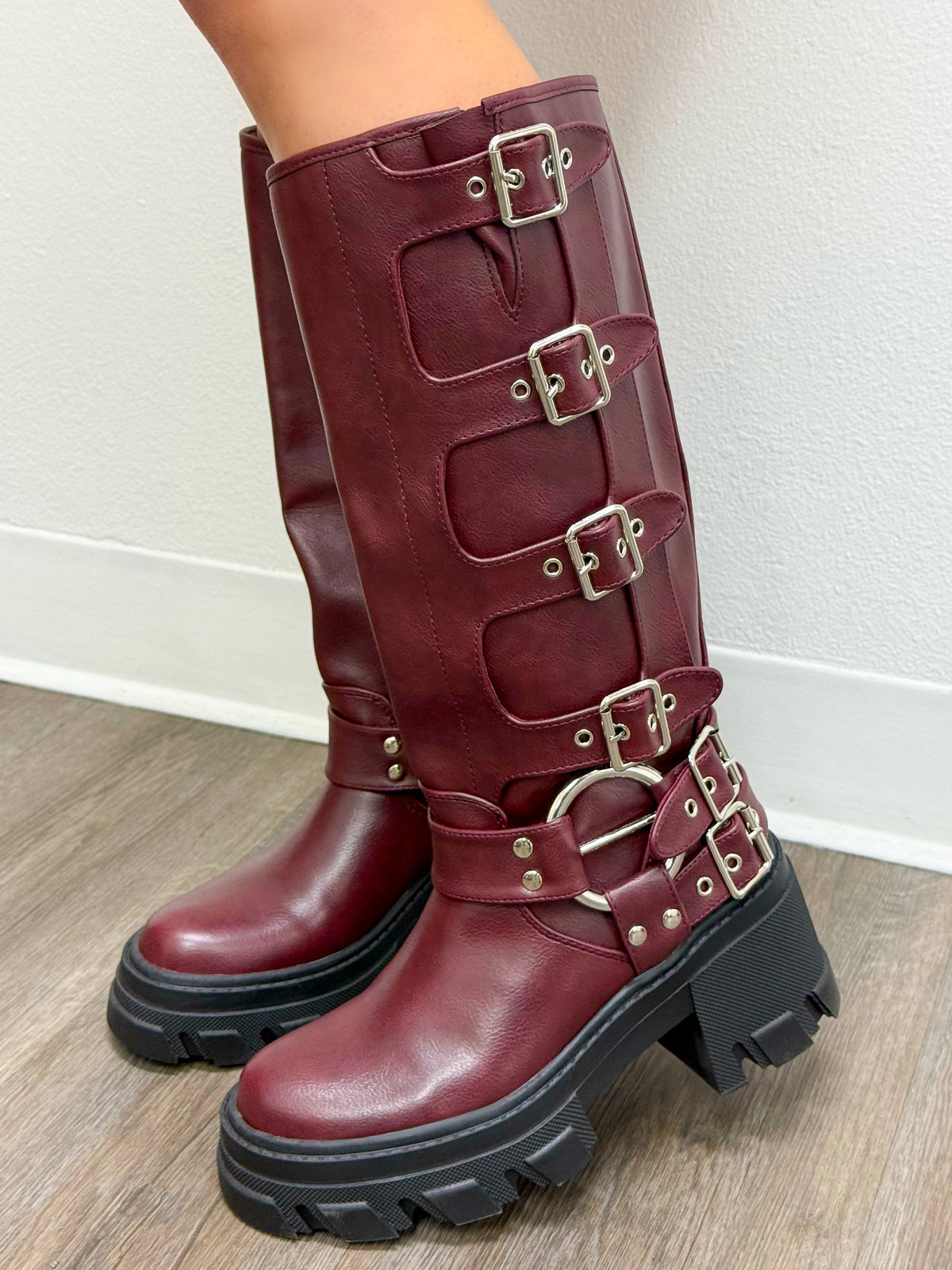 Monica Buckle Up Boots (Burgundy)