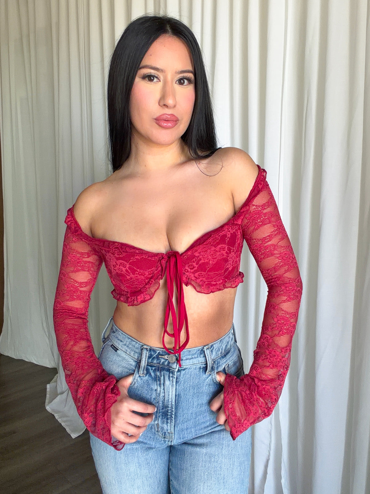 Sammy Lace Tie Up Top (Burgundy) - Laura's Boutique, Inc