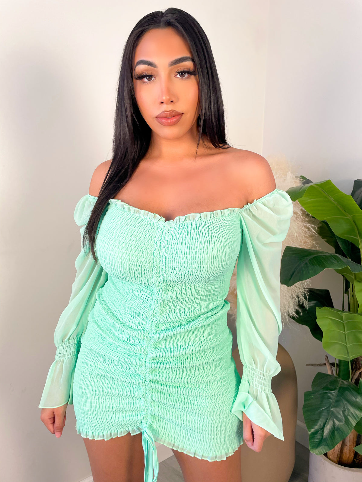 mint dress, off the shoulder, bodycon dress, scrunched, elastic sleeves, sheer sleeves, ruched  