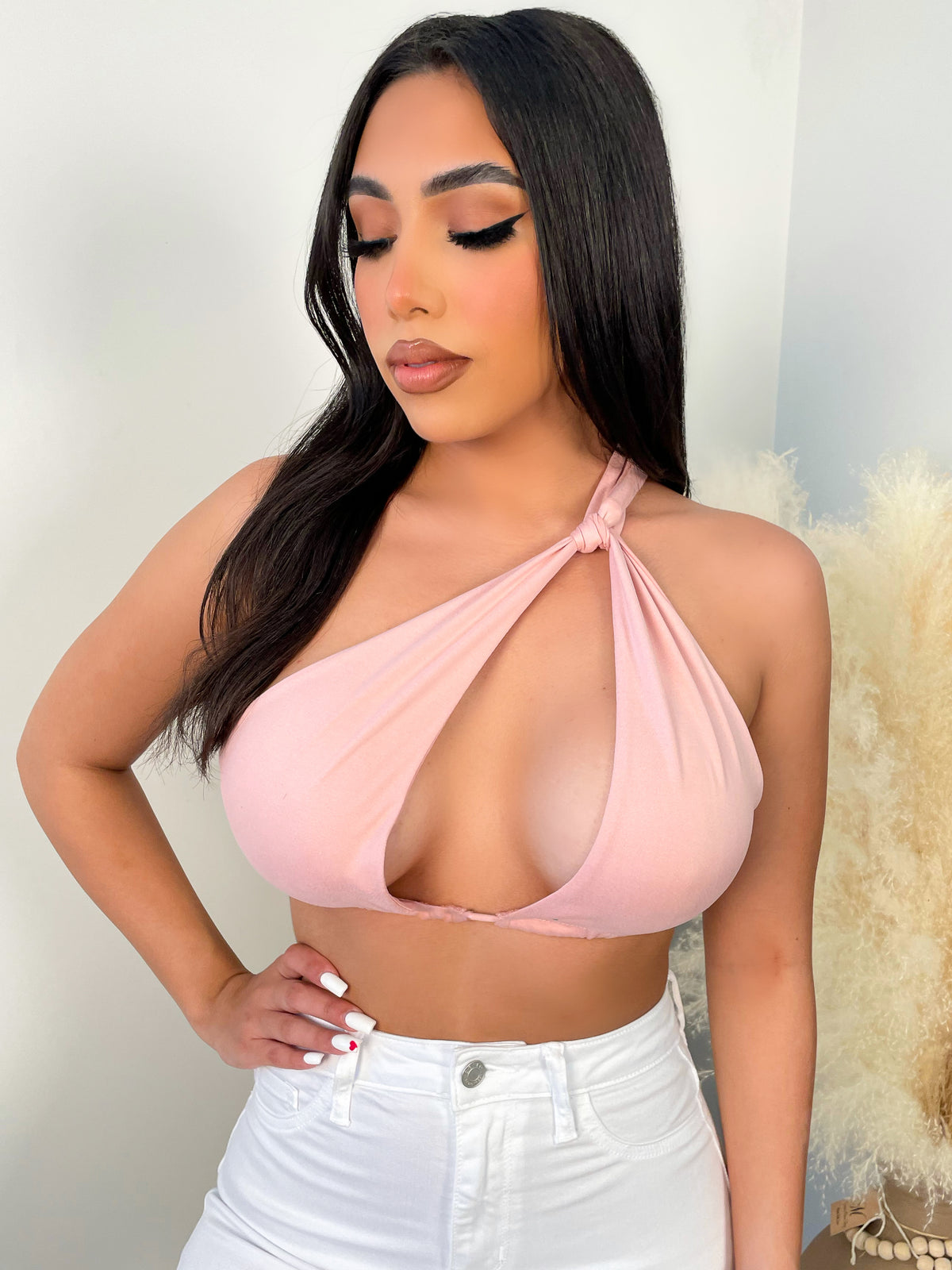 pink crop top, tie top, halter, middle opening, backless