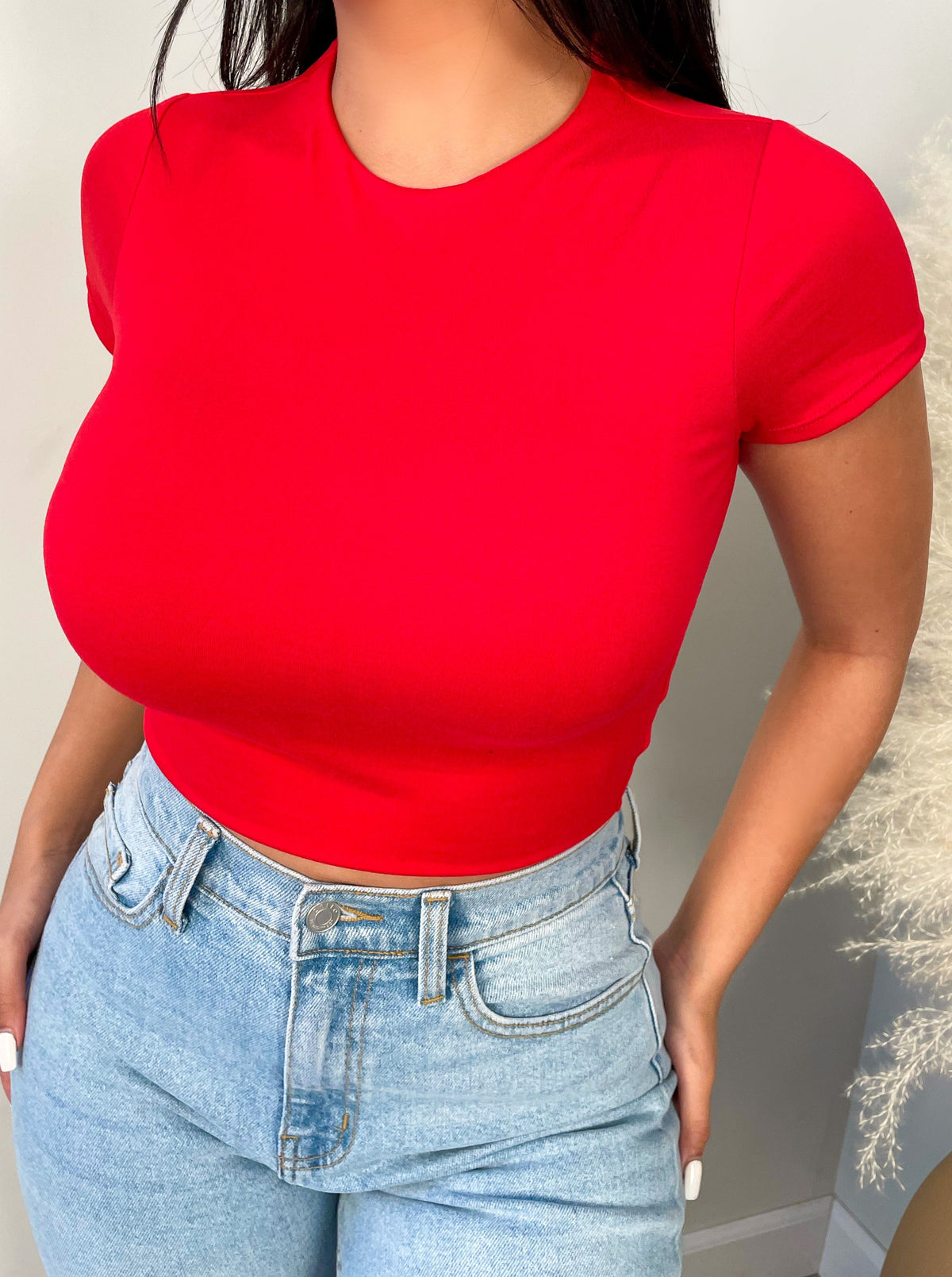 red short sleeve, crop top, double layer, spandex