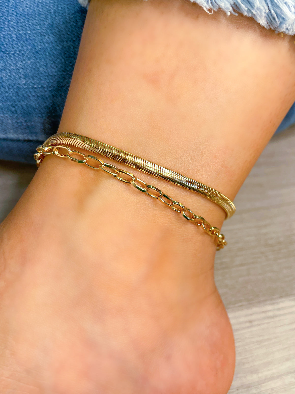 silver/gold tone stacked anklet, gold paperclip anklet, gold tone herringbone anklet  