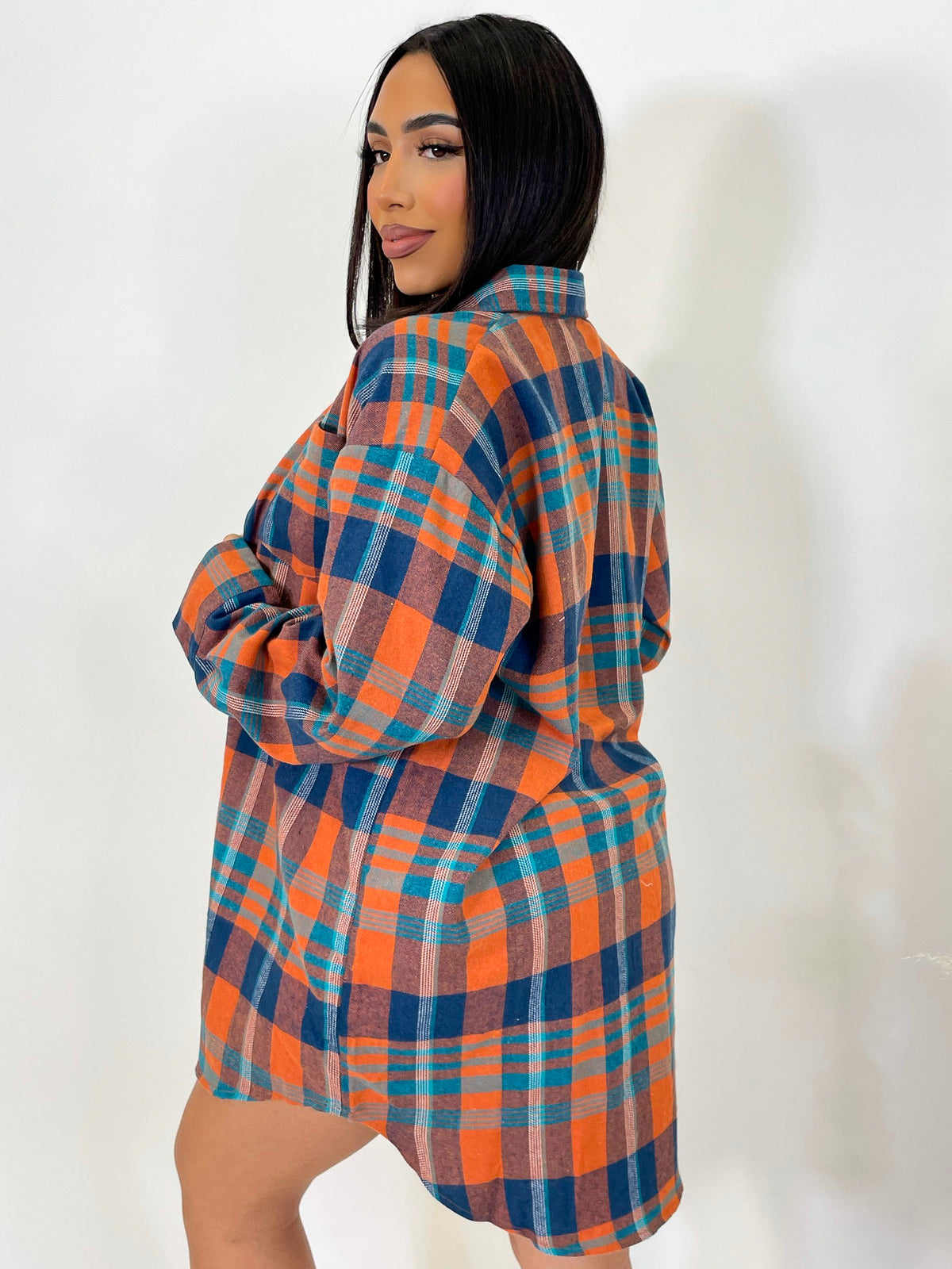  orange and navy oversized flannel, button down flannel