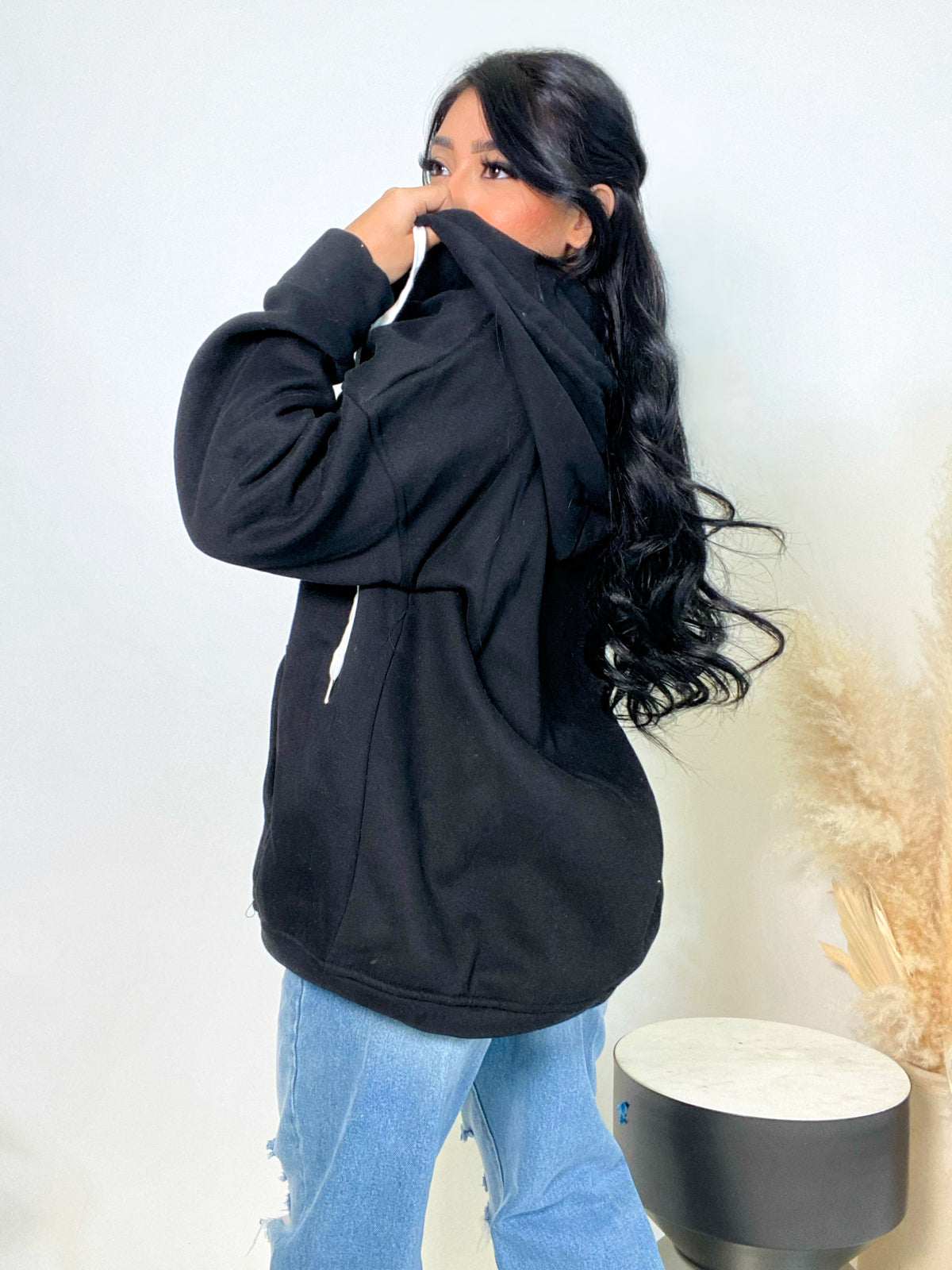    black oversize zip up hoodie, white drawstring, 2 front pockets