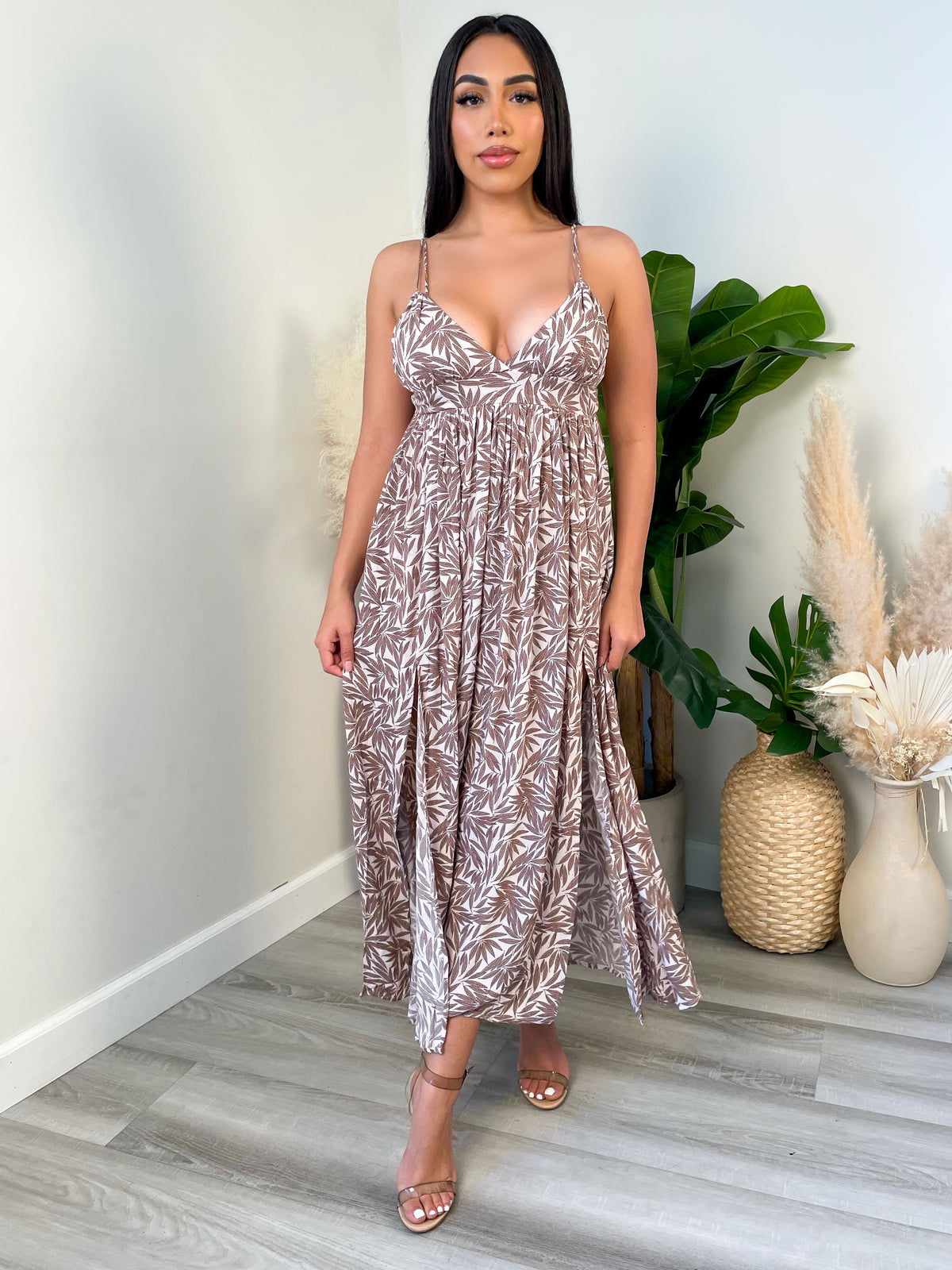 taupe maxi dress, maxi dress, double spaghetti straps, v neck