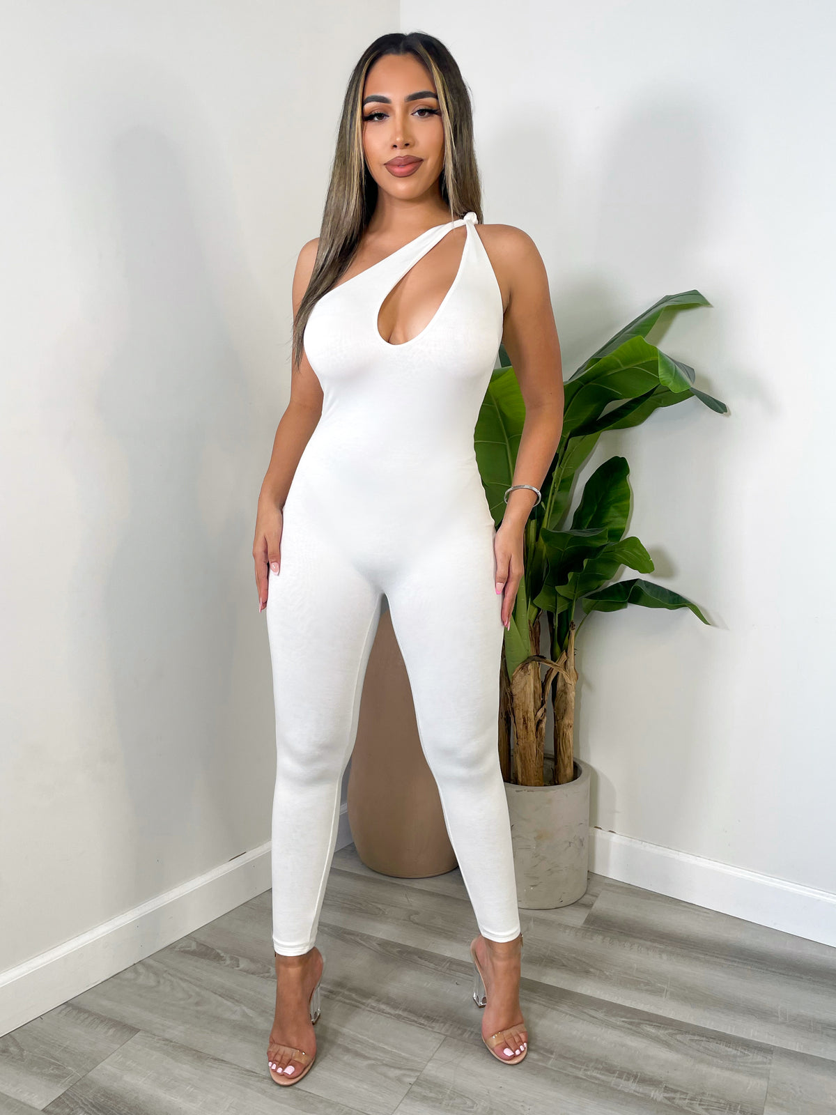 off white bodycon jumpsuit, one sided sleeve, side cutout