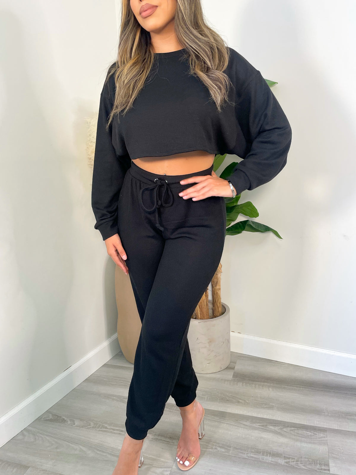 black 2 piece set, cropped long sleeve, high waisted pants, drawstring, cuffed ankle