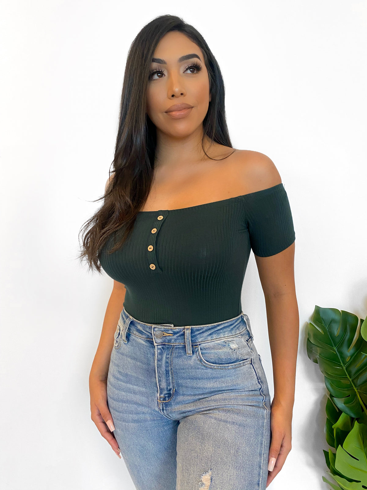 ribbed teal bodysuit, brown faux buttons, off the shoulder, short sleeve