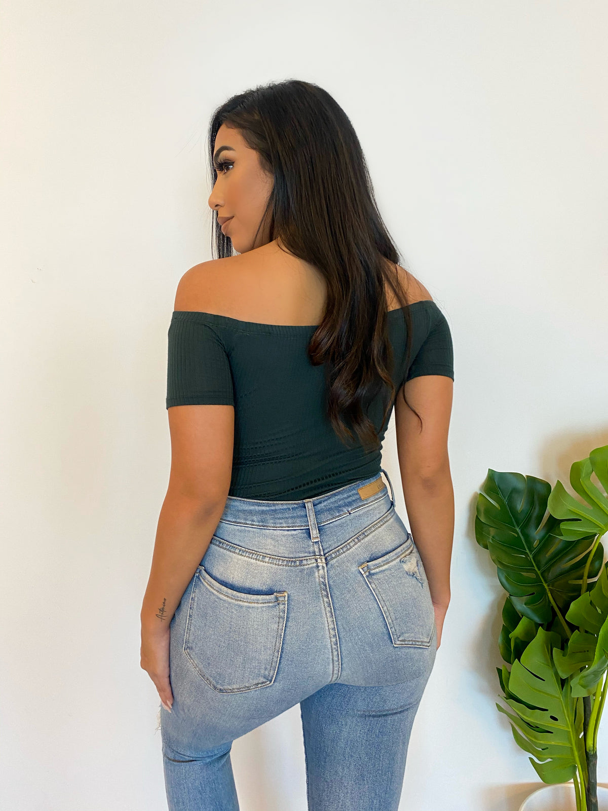 ribbed teal bodysuit, brown faux buttons, off the shoulder, short sleeve