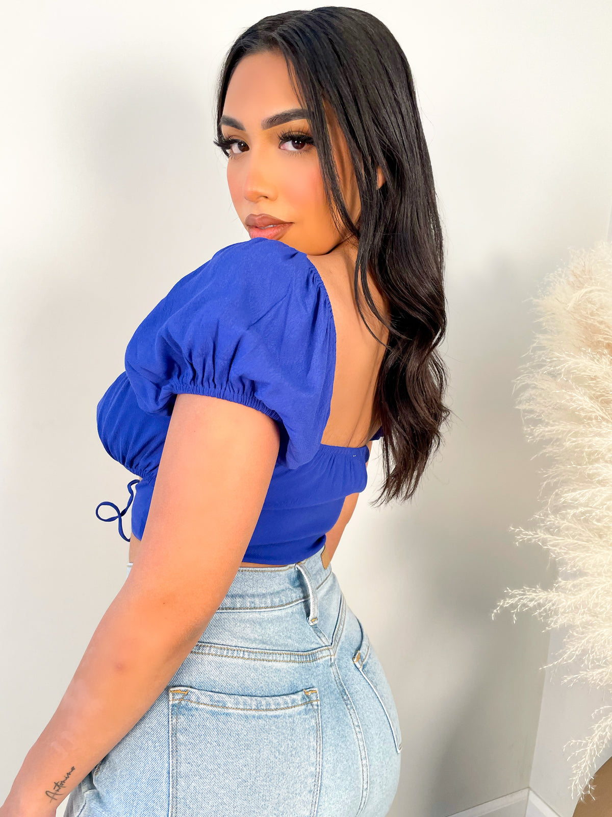 Royal blue crop top, self tie, middle cut out, off the shoulder 