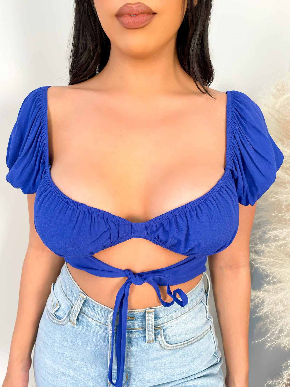 Royal blue crop top, self tie, middle cut out, off the shoulder 