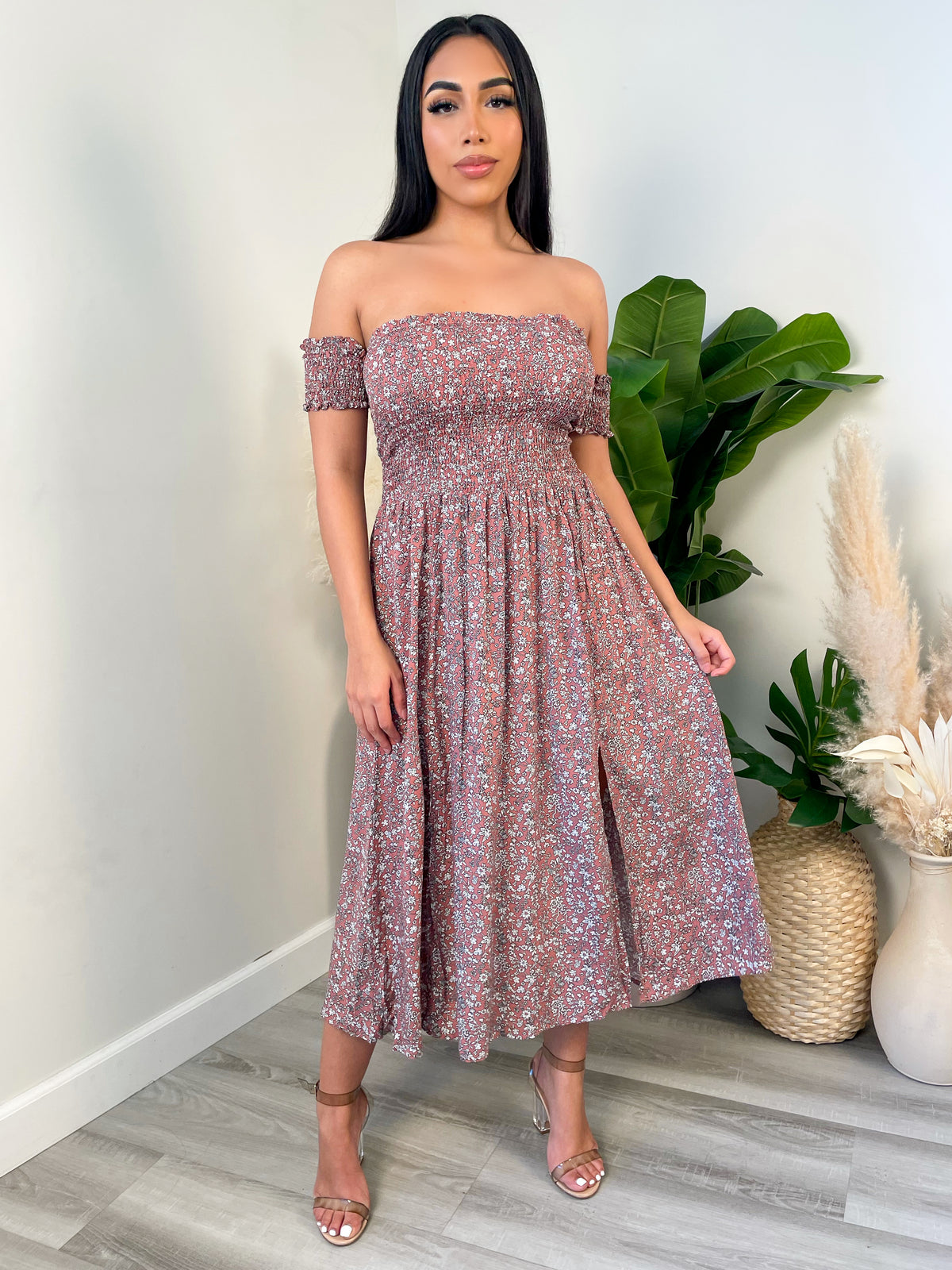 almond colored maxi dress, off the shoulder, scrunched top, ankle length dress, floral dress  