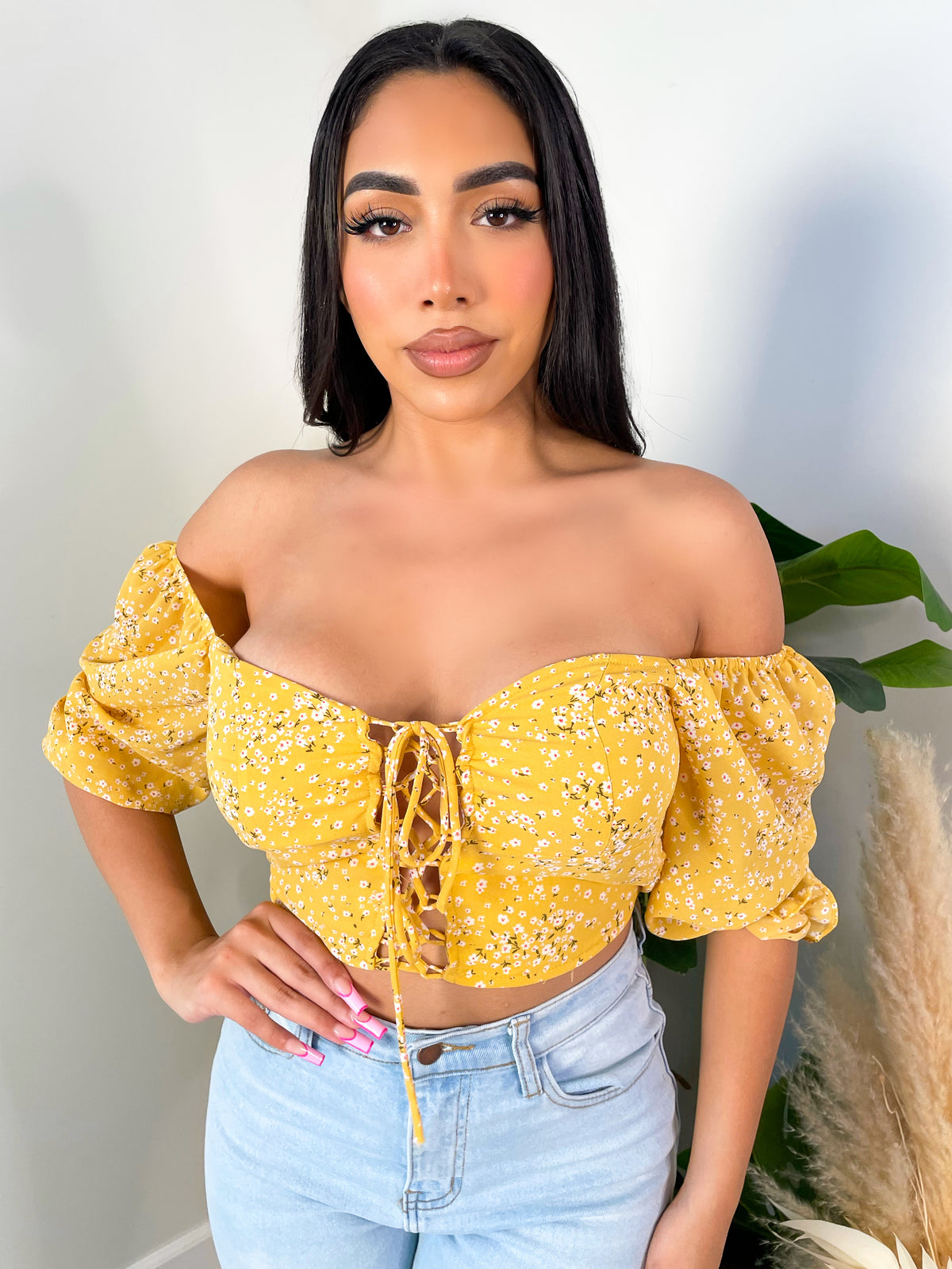 yellow floral top, off the shoulder, tie up self tie lace, puffy short sleeve, scrunched back