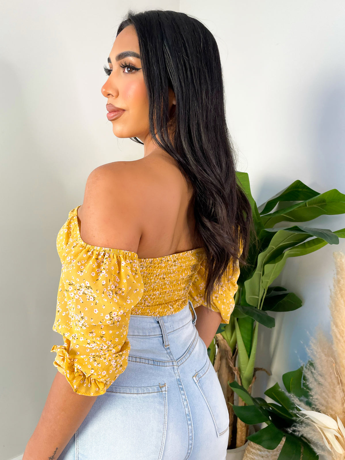yellow floral top, off the shoulder, tie up self tie lace, puffy short sleeve, scrunched back