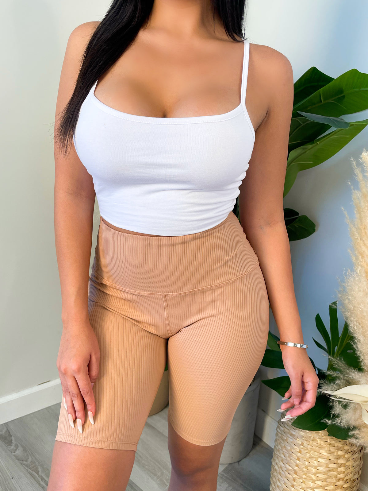 taupe biker shorts, high waisted, thick waistband, ribbed