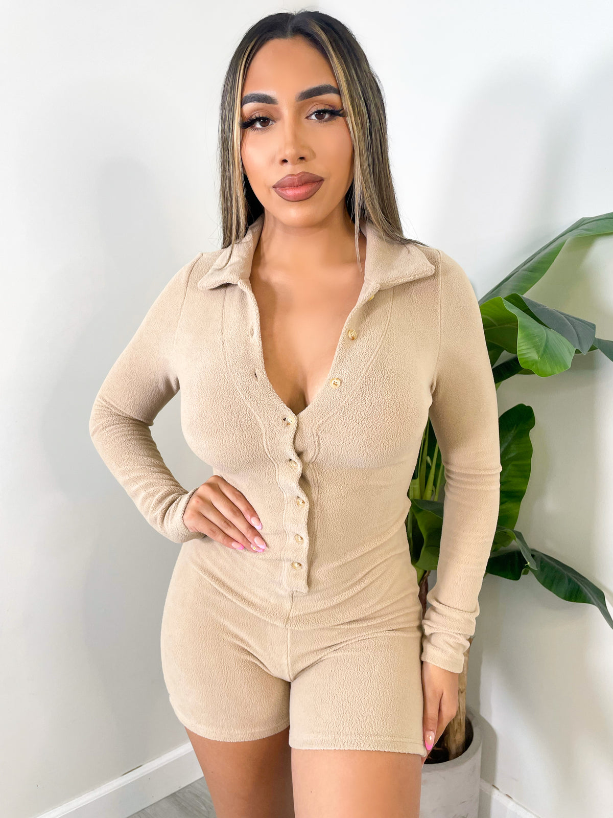 mocha romper, collared, button down front closure, long sleeve, bodycon