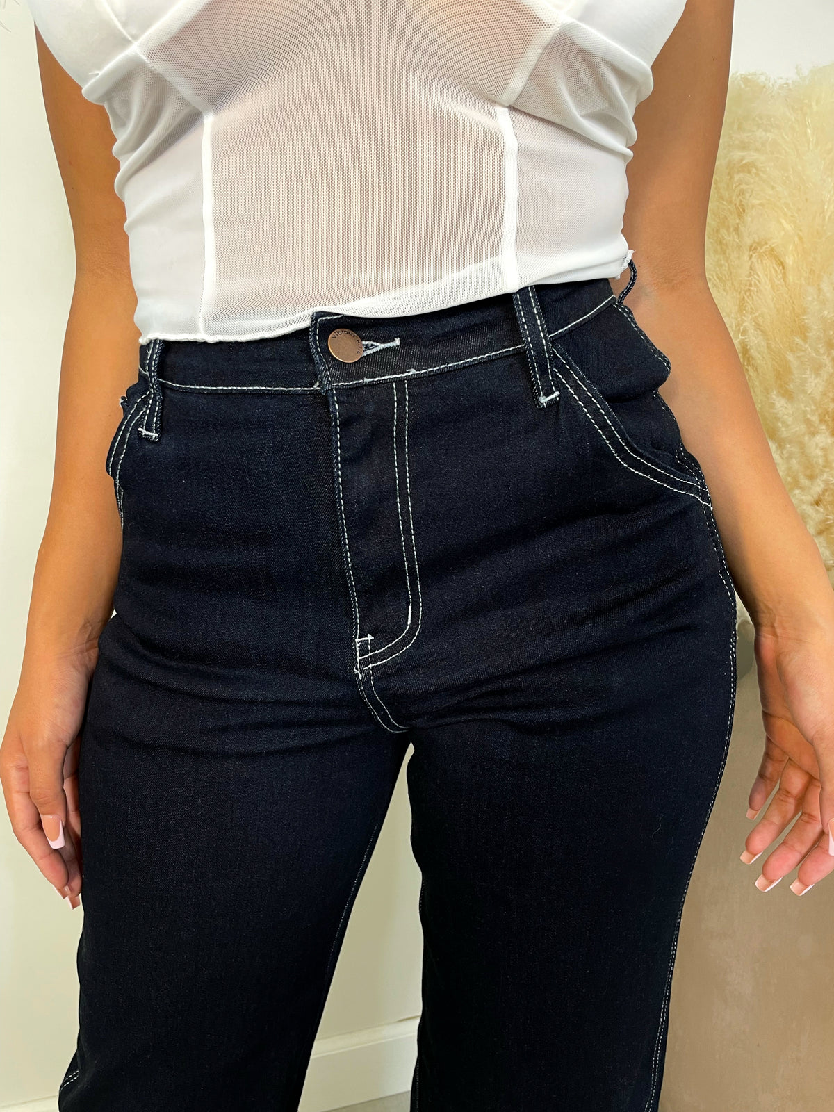 indigo straight leg jeans, high rise, white stitching, 2 front/back pockets 