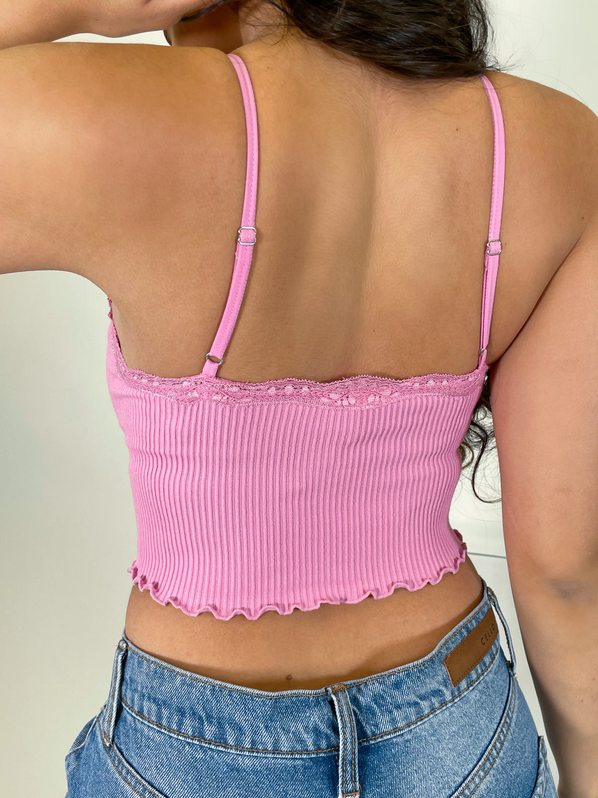 pink lace cami top, ribbed, spaghetti straps, lace hem detail  