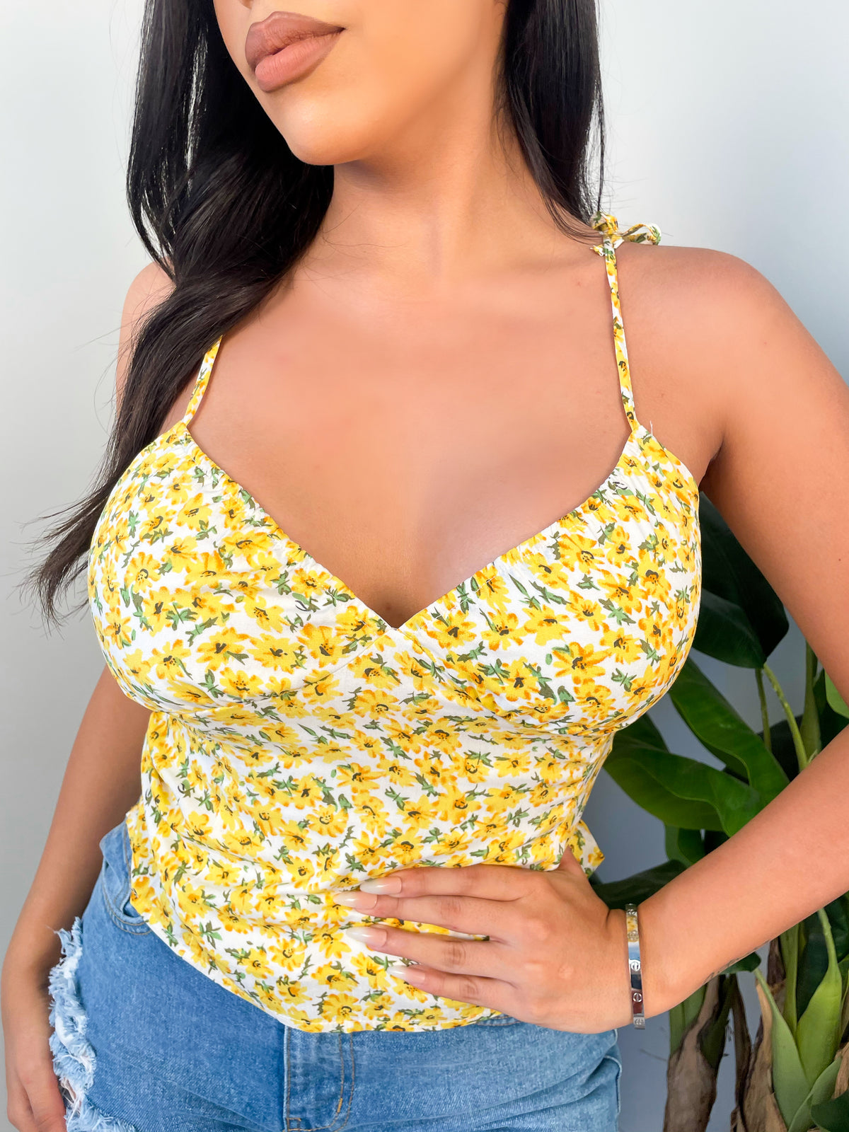 yellow top, v neck, floral top, spaghetti strap top, self tie straps, scrunched back