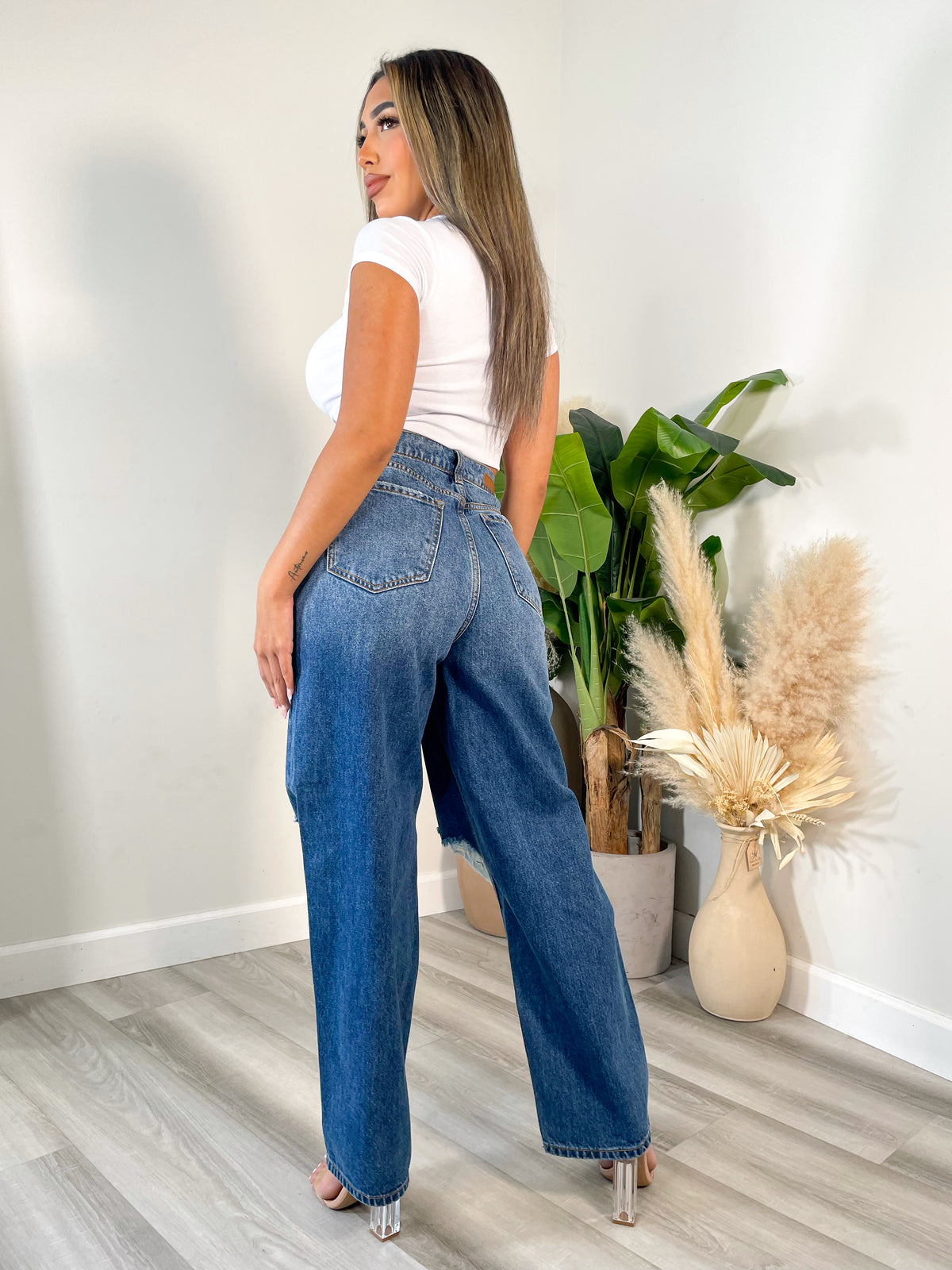 denim baggy jeans, high waisted, distressed, 2 front/back pockets
