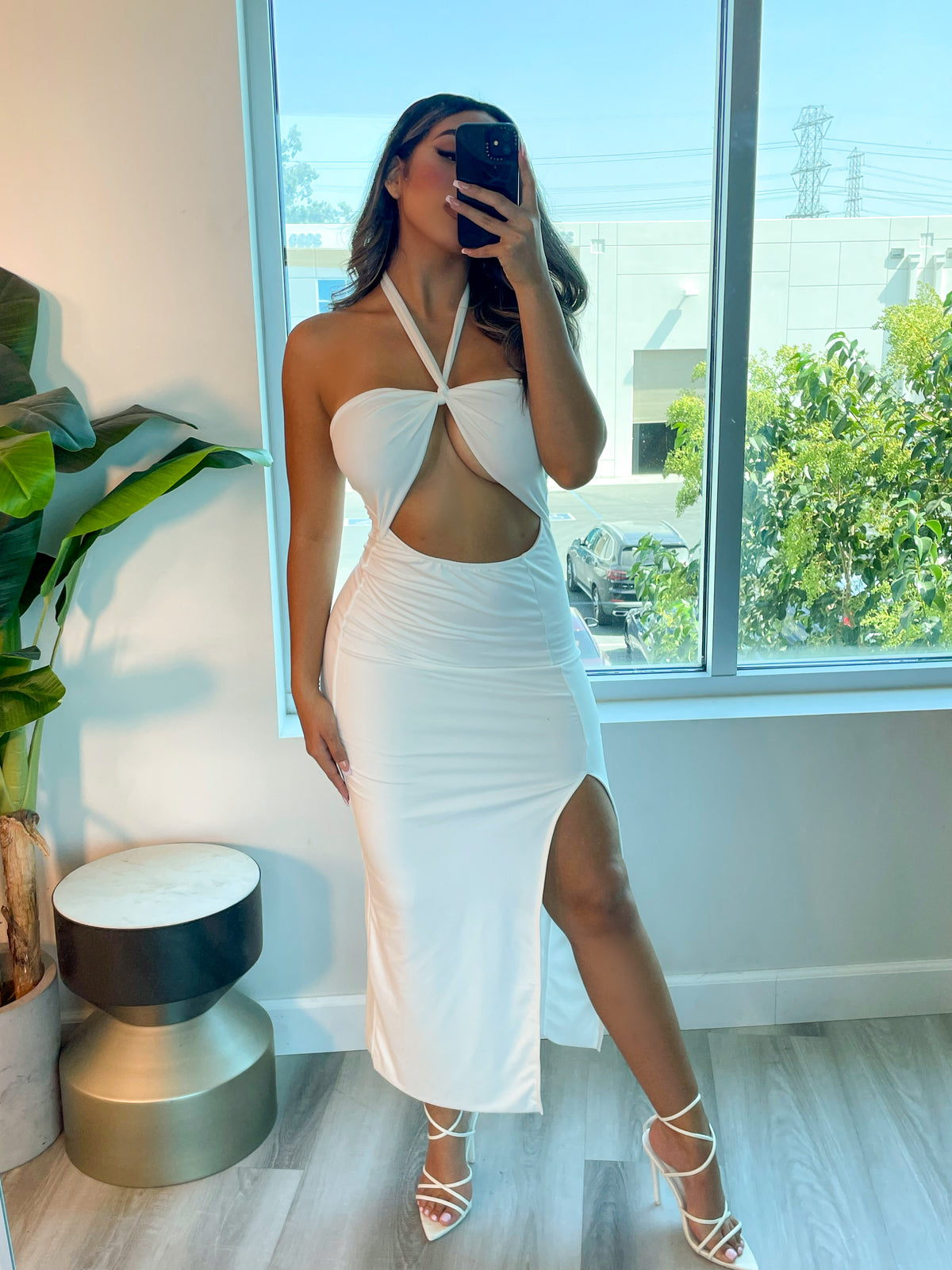 white maxi dress, halter neck, middle triangle cutout