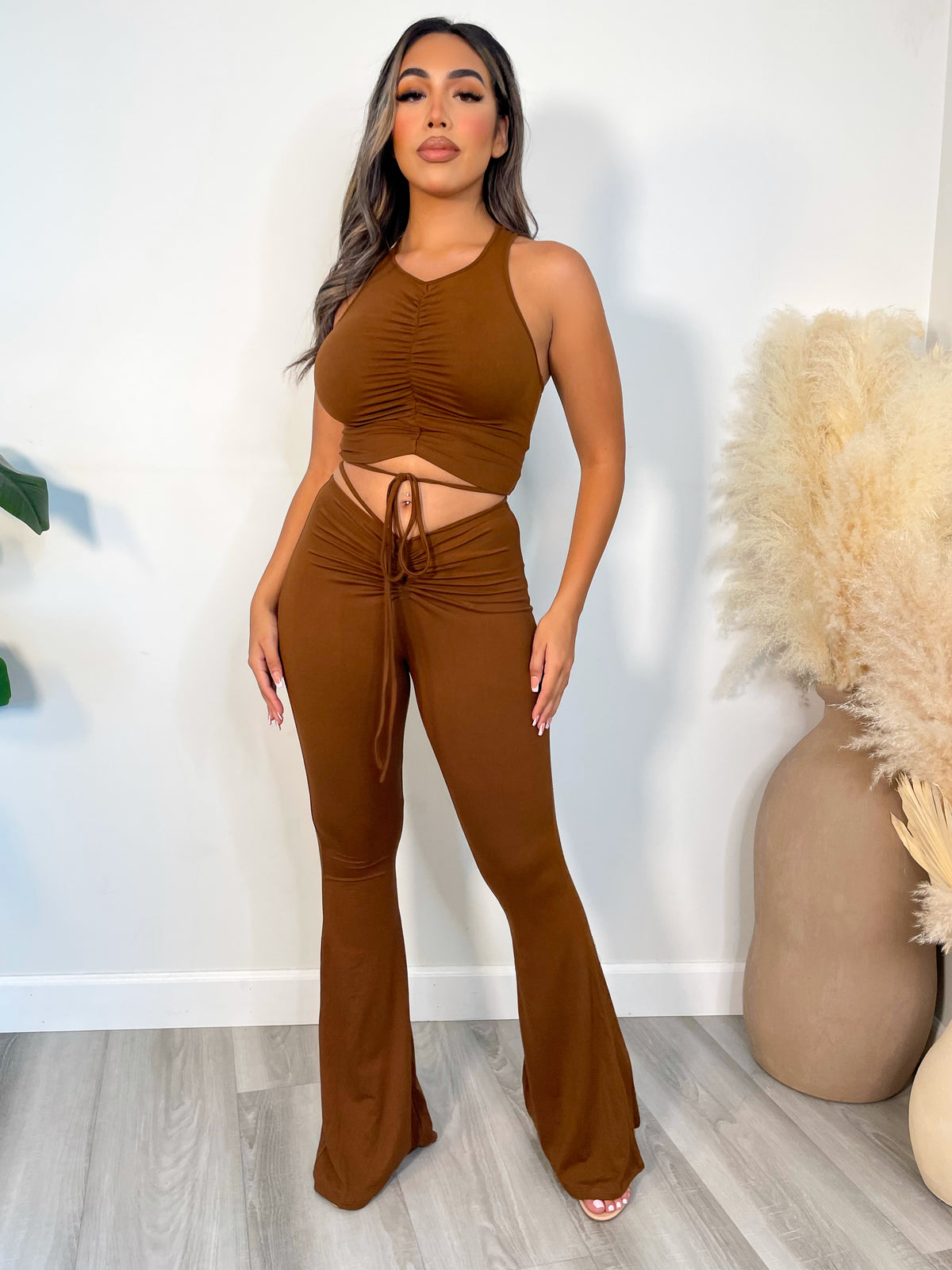 brown 2 piece, racerback crop top, ruched middle, wrap around self tie strap, high waisted bellbottoms
