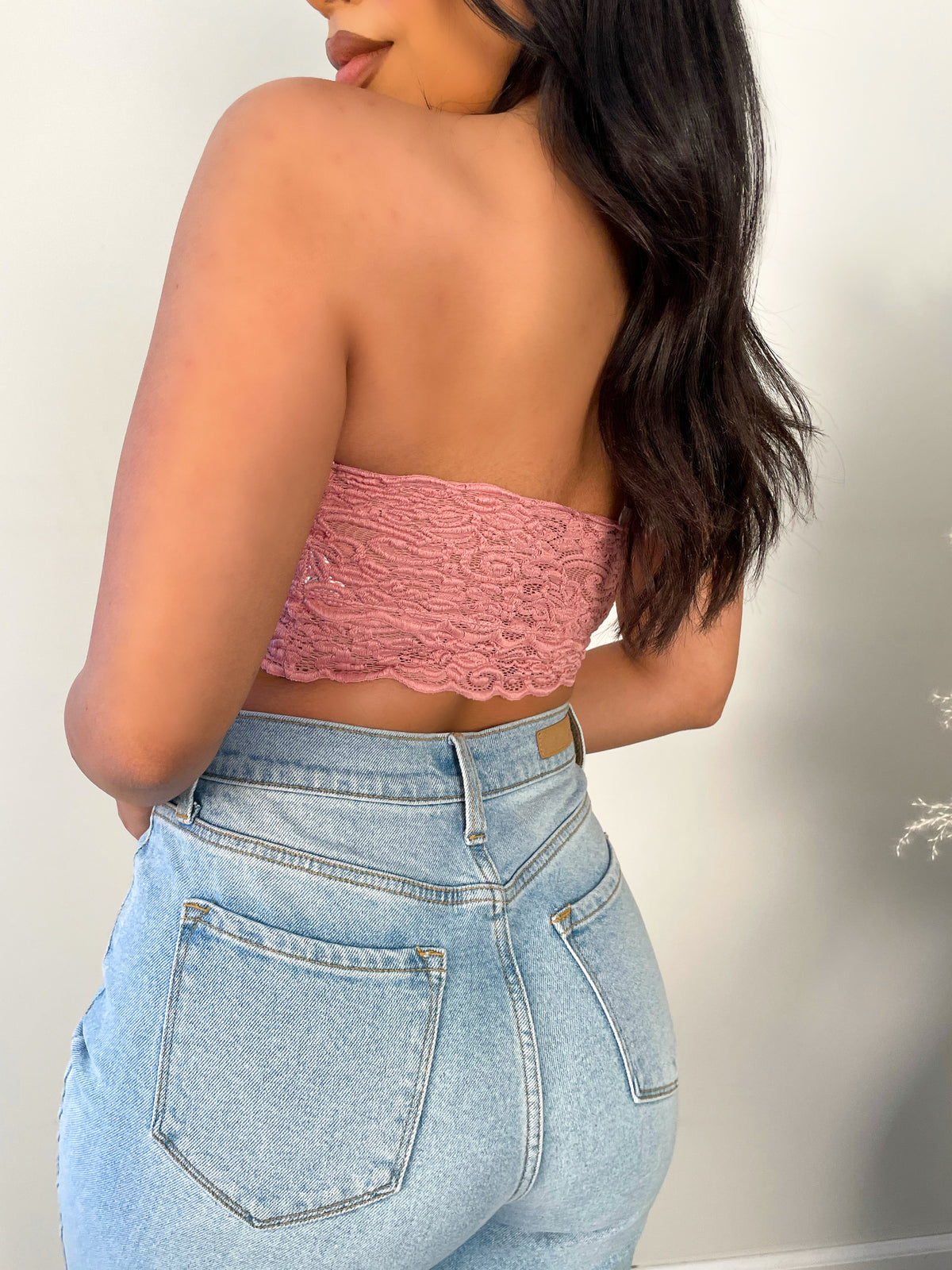 mauve bandeau, strapless, cropped, lace, embroidered