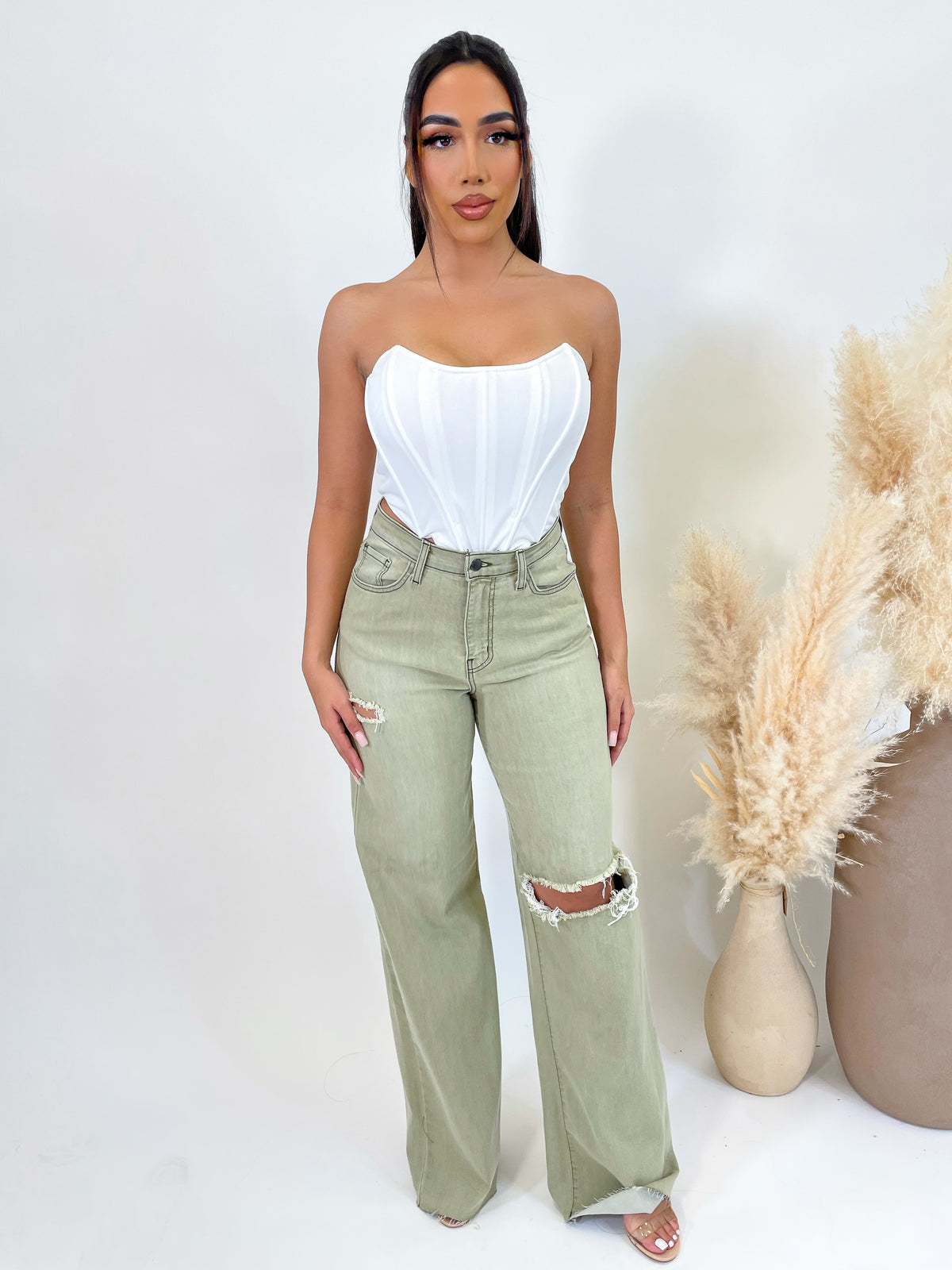 olive dad jeans, super high rise, straight leg, distressed, 2 front/back pockets