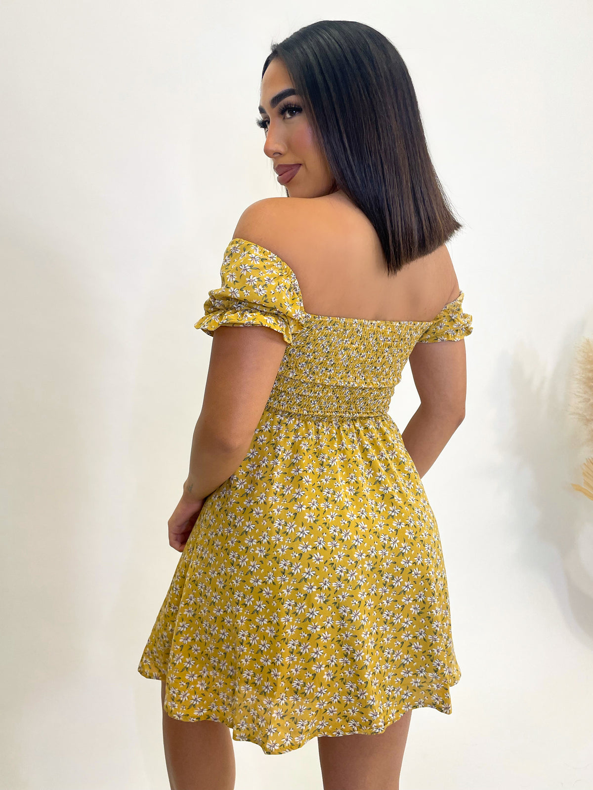 mustard floral dress, mini dress, off the shoulder, front scrunch and tie, elastic sleeve