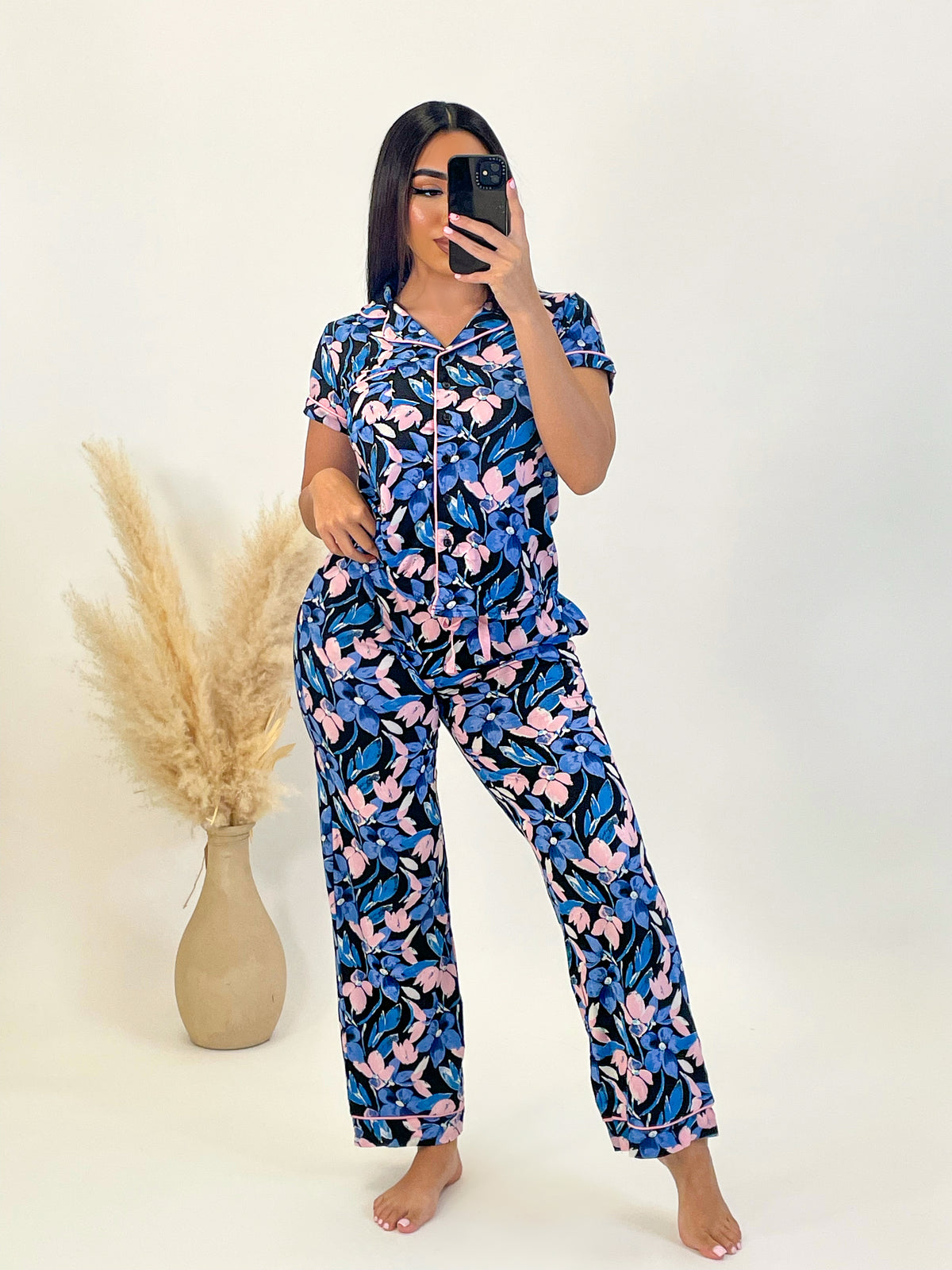 blue/pink floral lounge set, 2 piece, button down short sleeve, collared, high waist, single chest pocket, high rise pants 