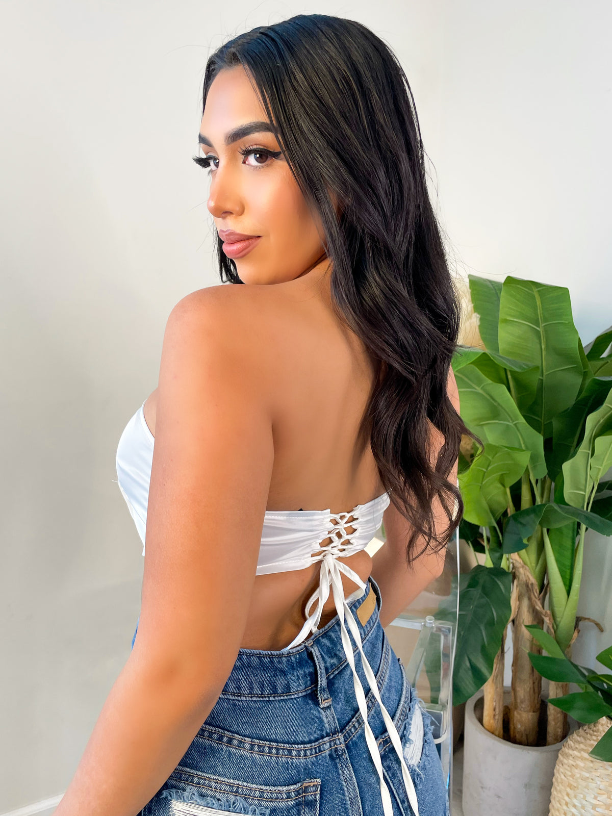 white crop top, strapless, v bandana cut out, back lace tie, satin finish 