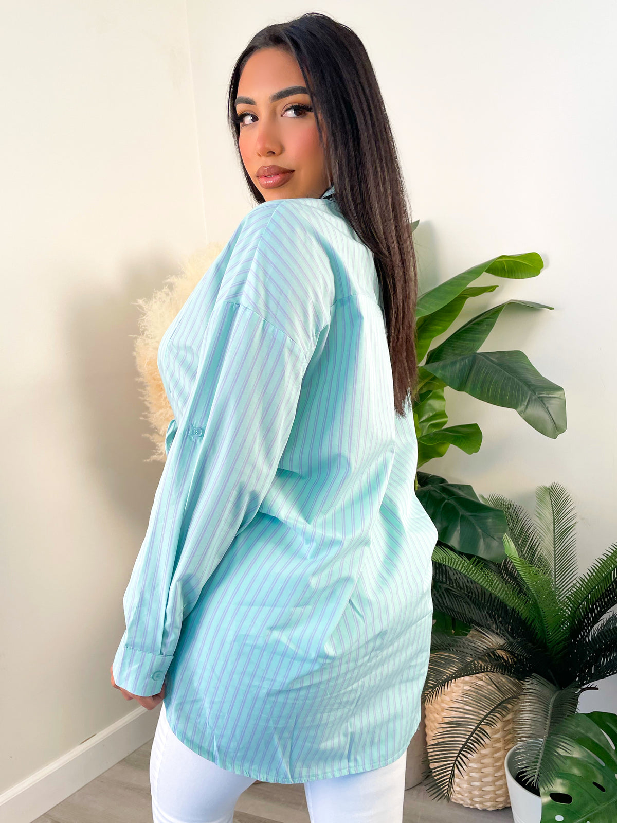 sky blue top, button up shirt, collared, striped, oversized 