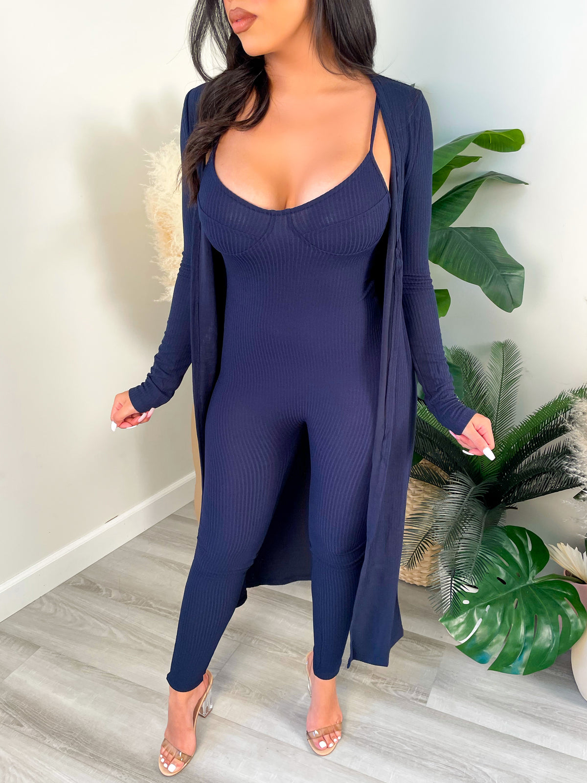 navy 2 piece, ribbed, navy fitted jumpsuit, cardigan, adjustable straps 
